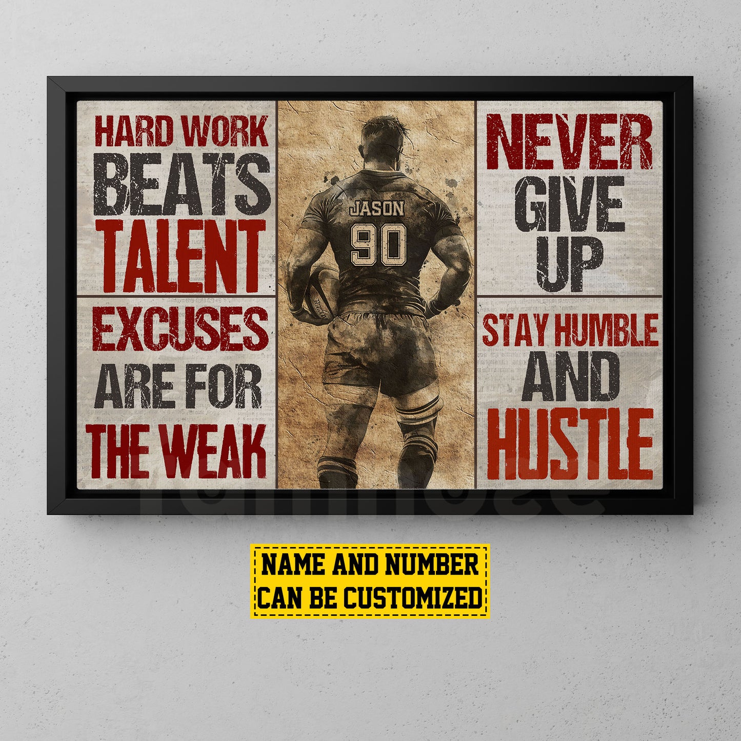 Personalized Motivational Rugby Boy Canvas Painting, Hard Work Never Give Up, Sports Quotes Wall Art Decor, Poster Gift For Rugby Lovers