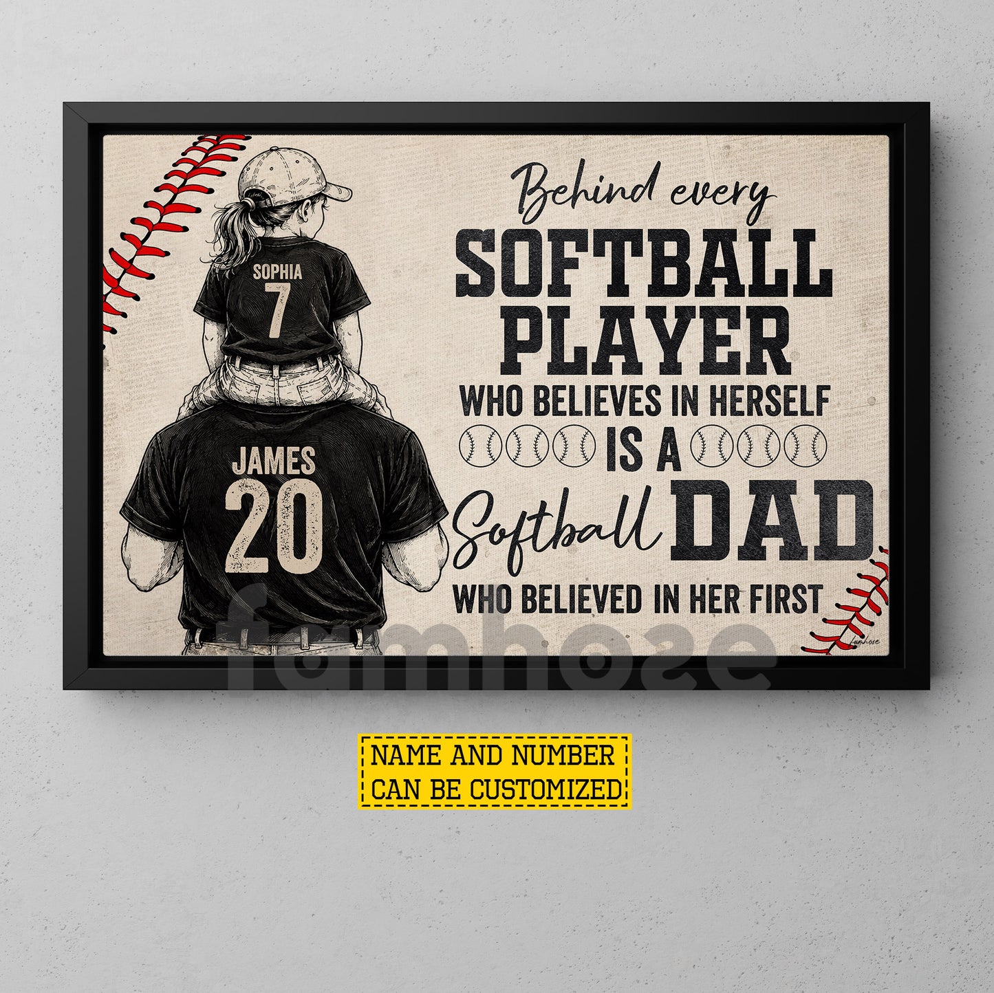 Personalized Softball Dad Daughter Canvas Painting, Behind Every Softball Player Sport Wall Art Decor, Poster Father's Day Gift For Softball Lovers