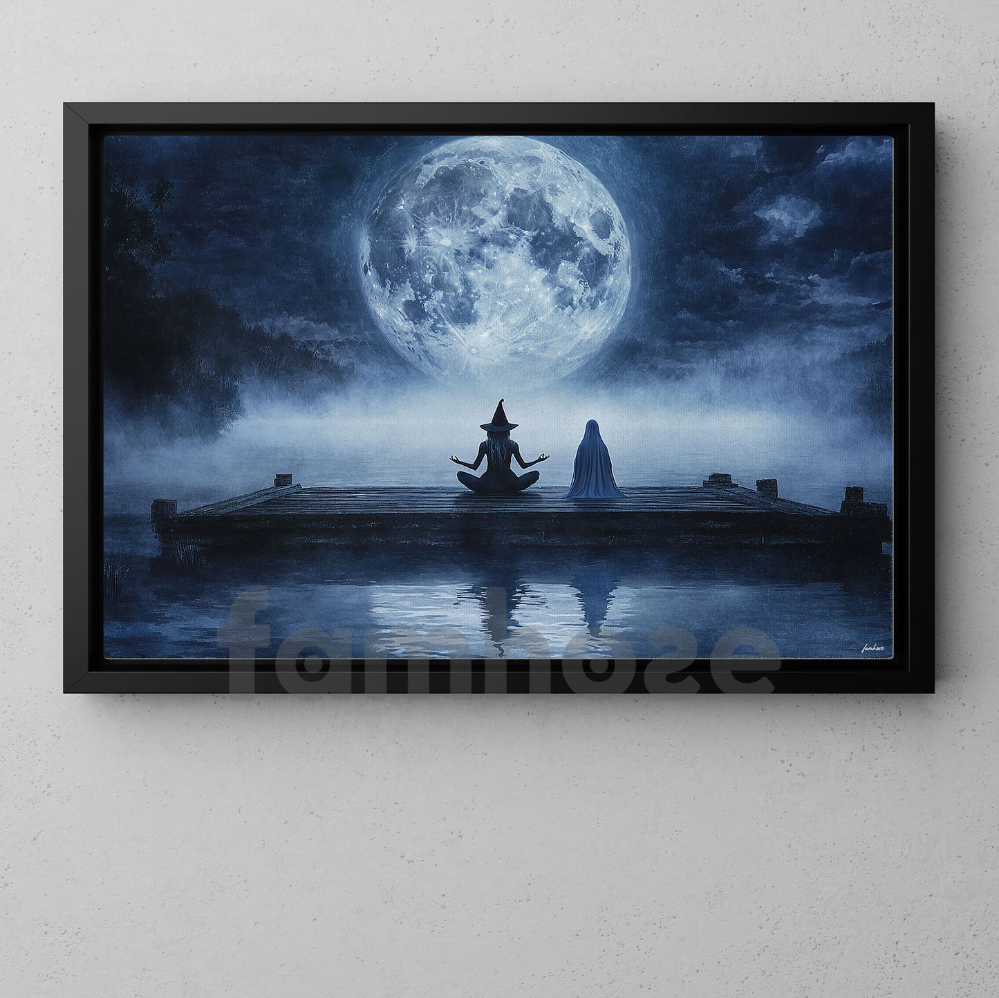 Halloween Meditation Witch Ghost Canvas Painting, Night Yoga With Witch And Ghost Wall Art Decor, Spooky Season Poster Gift For Meditator, Witch Lovers