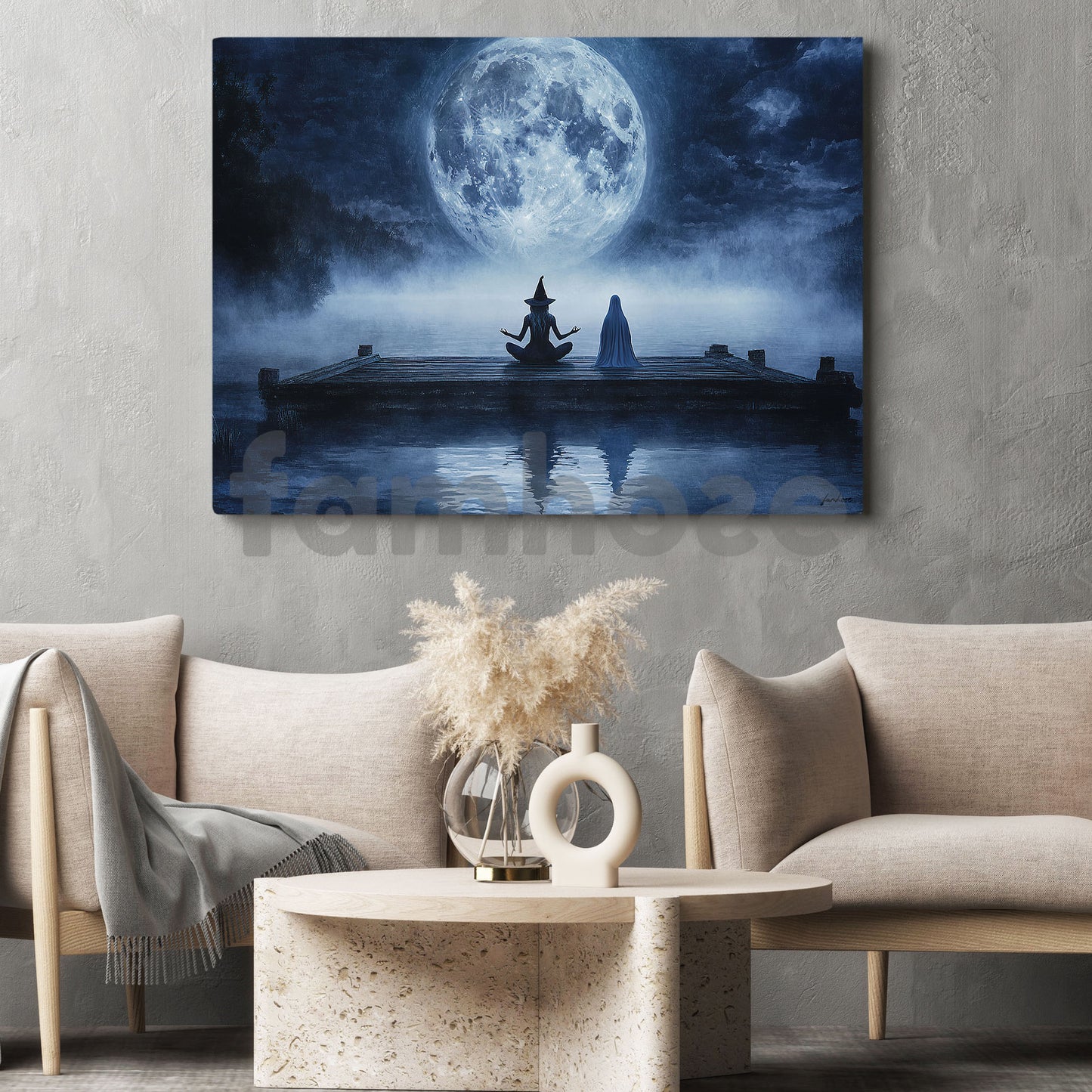 Halloween Meditation Witch Ghost Canvas Painting, Night Yoga With Witch And Ghost Wall Art Decor, Spooky Season Poster Gift For Meditator, Witch Lovers