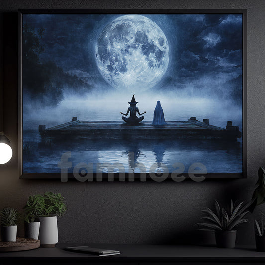 Halloween Meditation Witch Ghost Canvas Painting, Night Yoga With Witch And Ghost Wall Art Decor, Spooky Season Poster Gift For Meditator, Witch Lovers