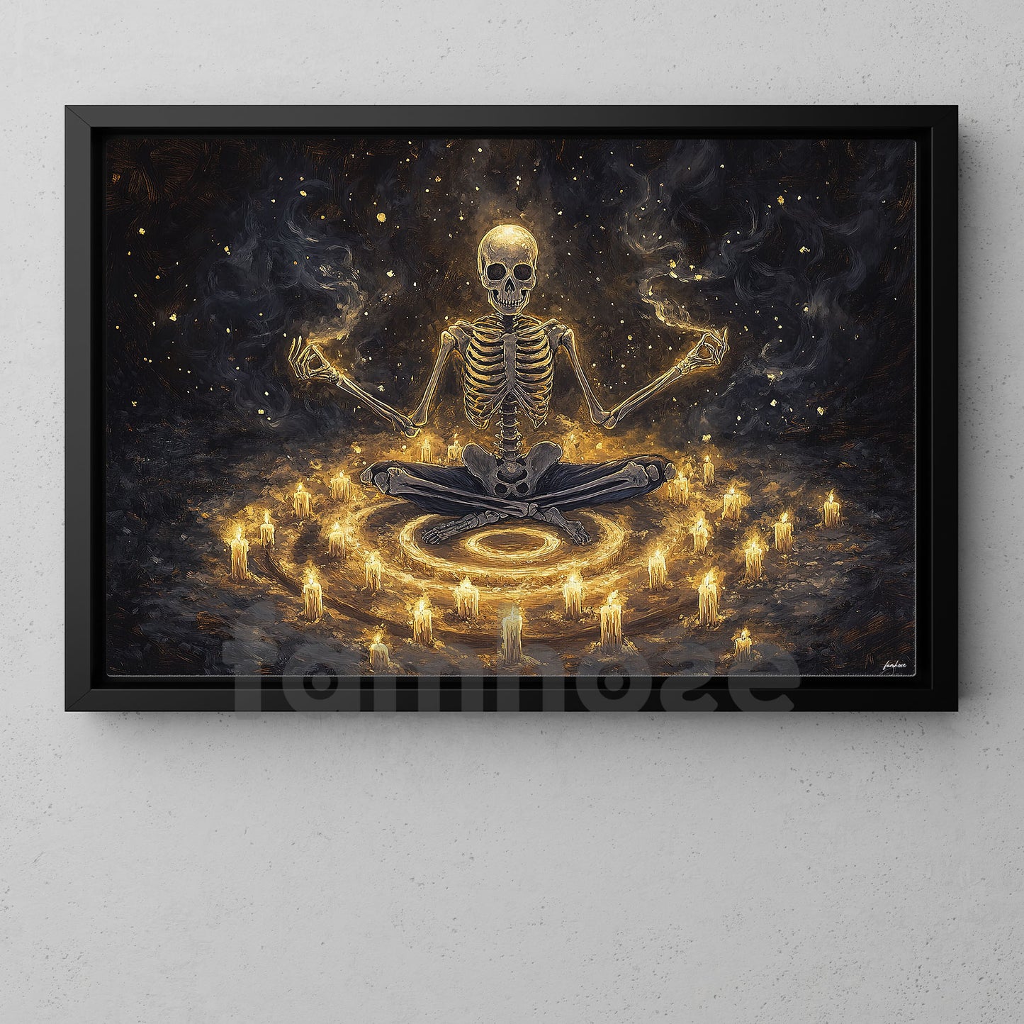 Halloween Skeleton Meditation Canvas Painting, Necromancer’s Meditation Wall Art Decor, Spooky Season Poster Gift For Meditator, Skeleton Lovers