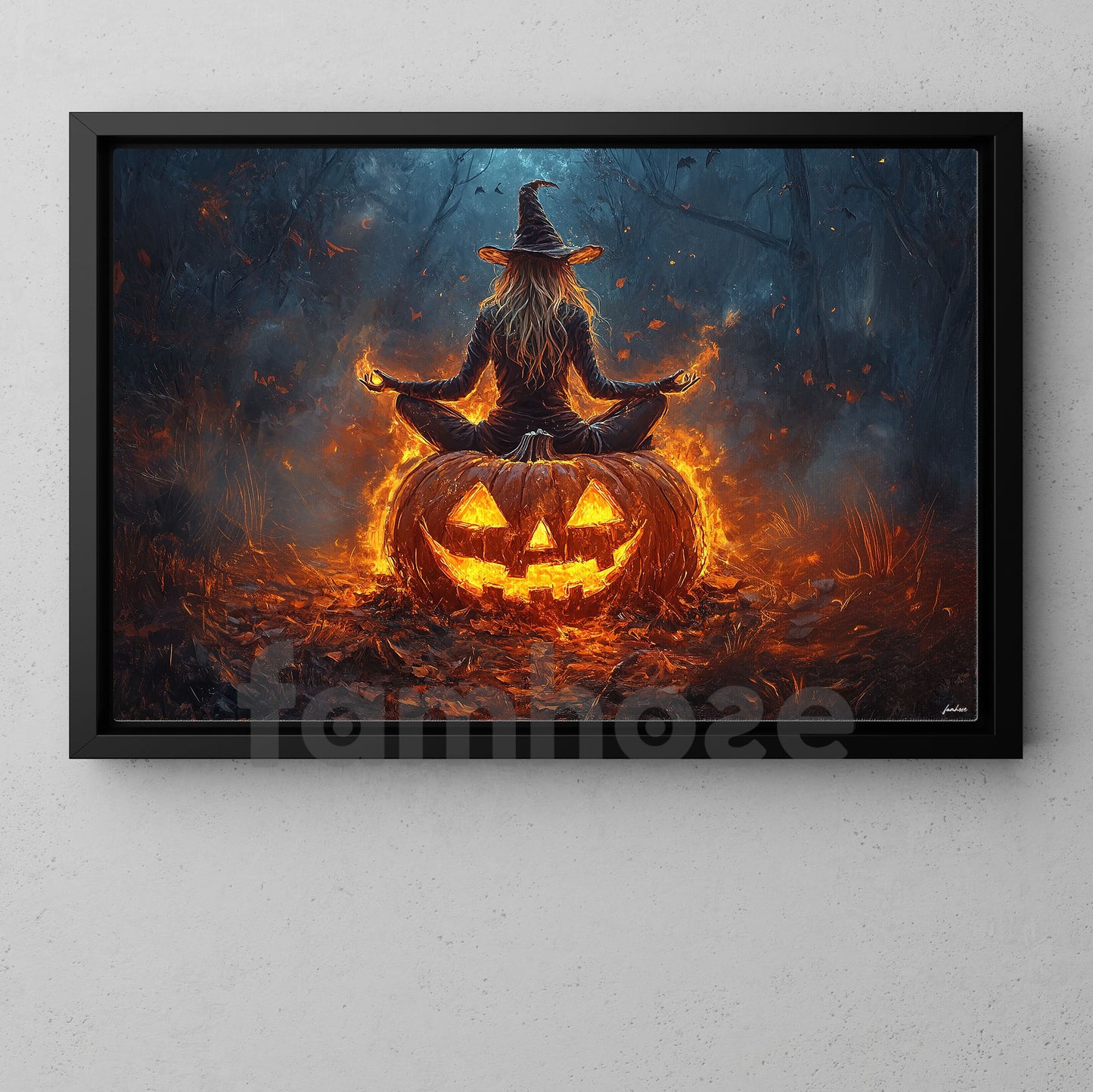 Halloween Meditation Witch Canvas Painting, A Witch Sits Cross Wall Art Decor, Spooky Season Poster Gift For Meditator, Witch Lovers