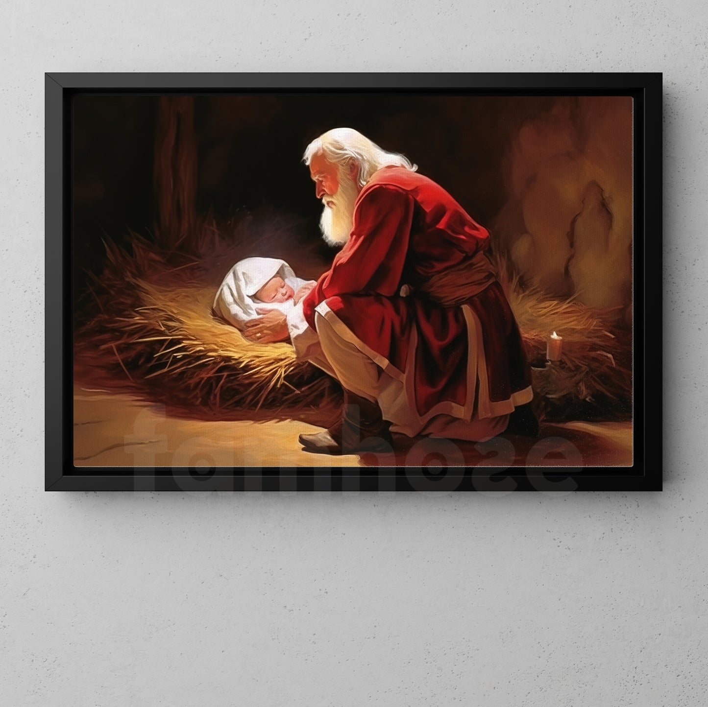 Santa Claus Kneeling At The Manger Canvas Painting, Xmas Wall Art Decor - Christmas Poster Gift