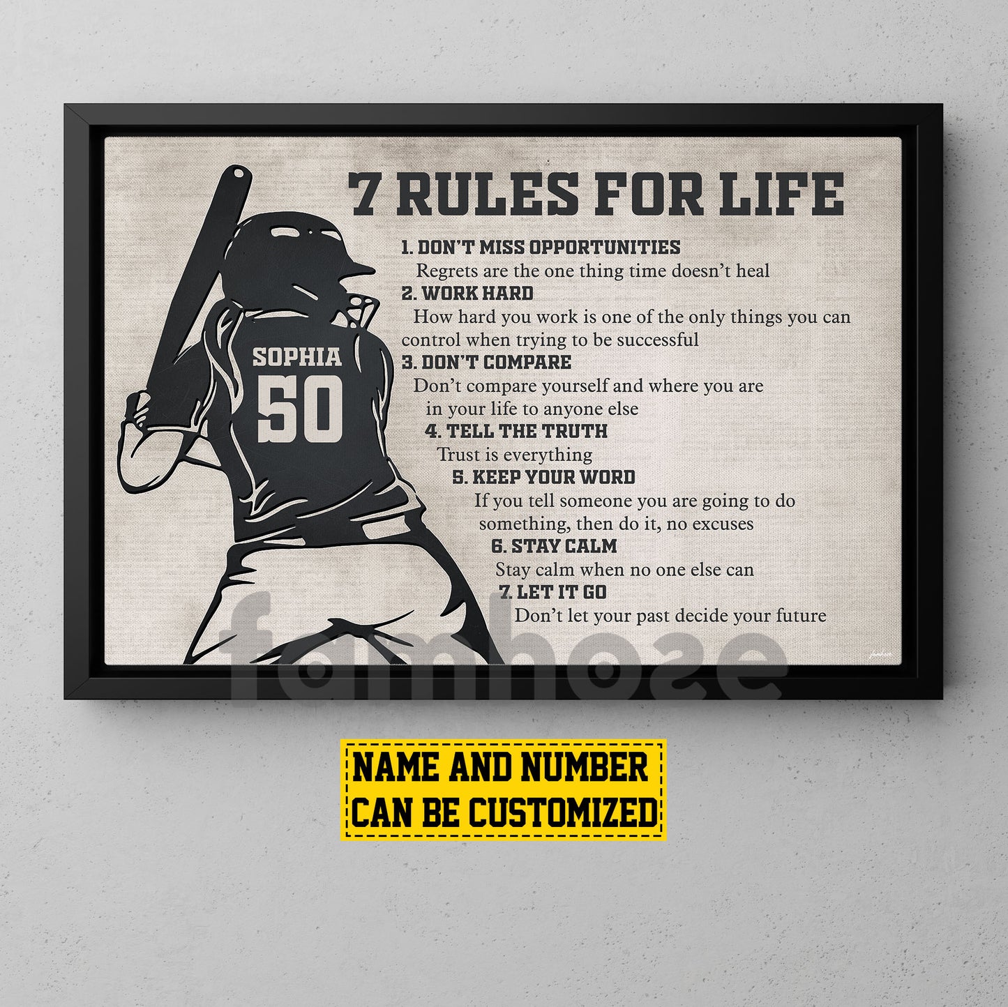 Motivational Personalized Softball Woman Canvas Painting, 7 Rules For Life Sport Wall Art Decor, Poster Gift For Softball Lovers