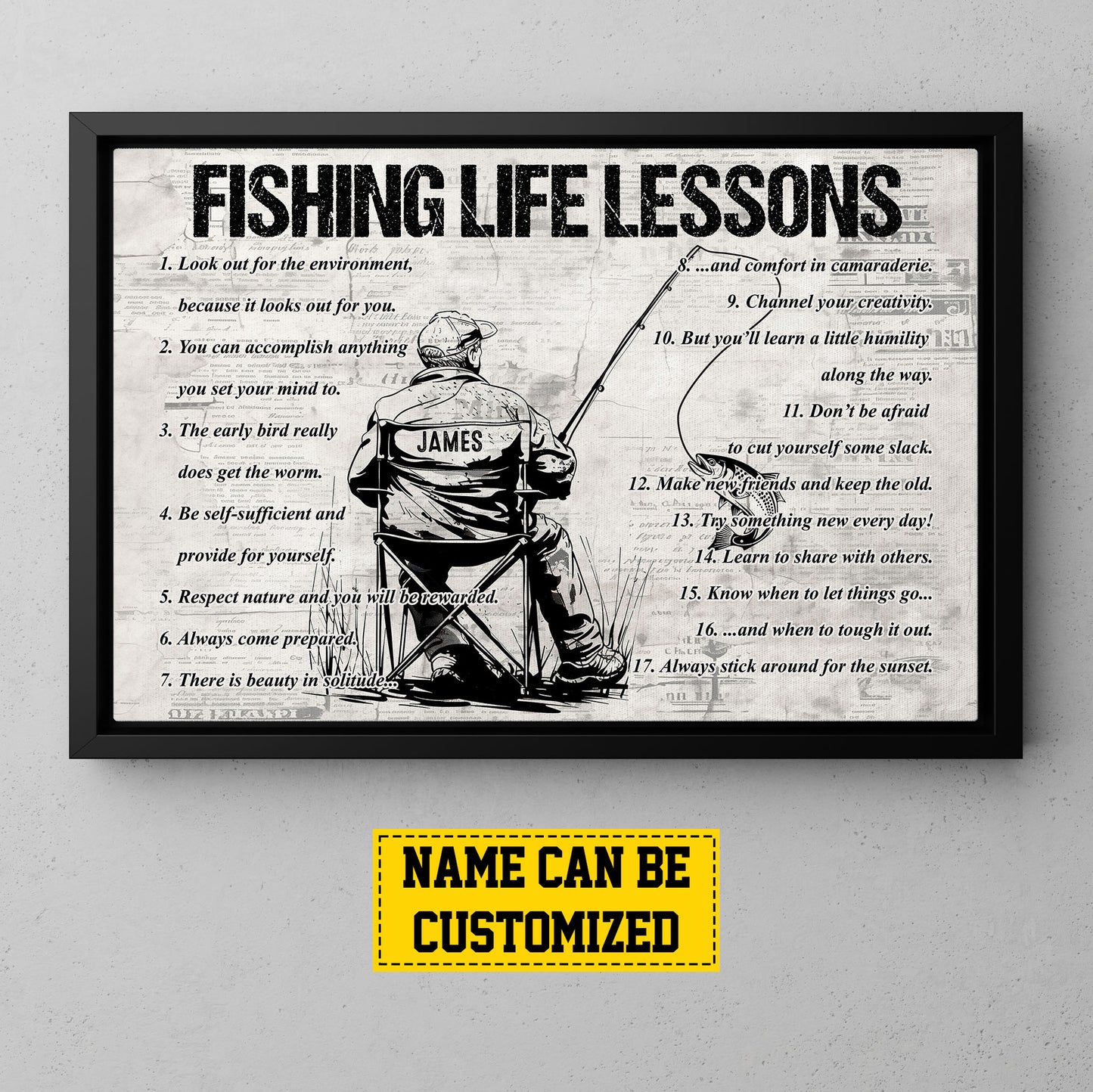 Fishing Life Lessons, Personalized Motivational Old Man Fishing Canvas Painting, Fishing Quotes Wall Art Decor, Poster Gift For Fishing Lovers, Fishing Man