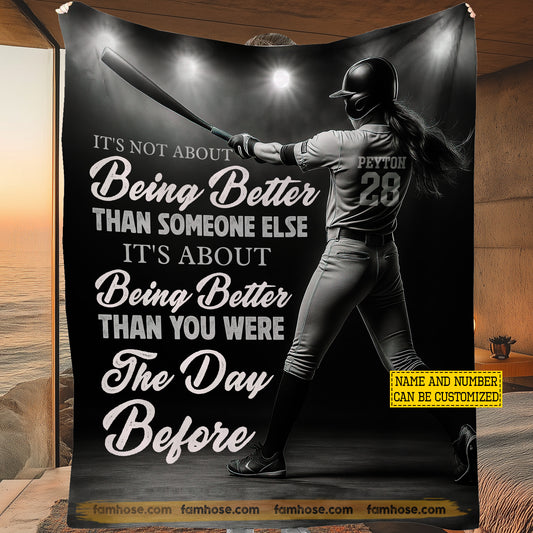 Motivational Personalized Softball Woman Fleece Blanket, It's Not About Being Better Than Someone Else Woven Blanket, Cool Sherpa Blanket Gift For Softball Lovers