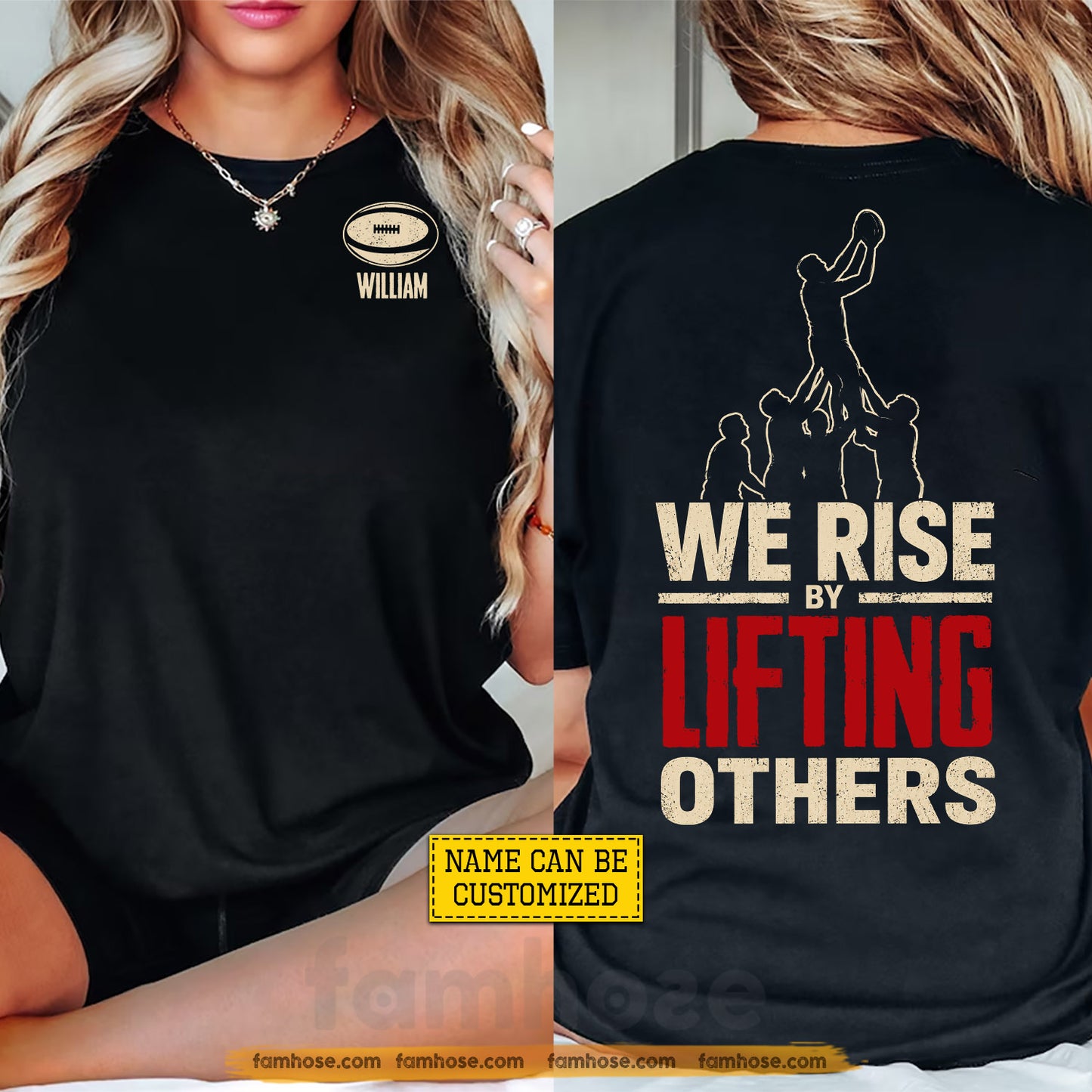 Personalized Rugby Two-sided T-shirt, We Rise By Lifting Others Sport Tees Gift For Rugby Lover