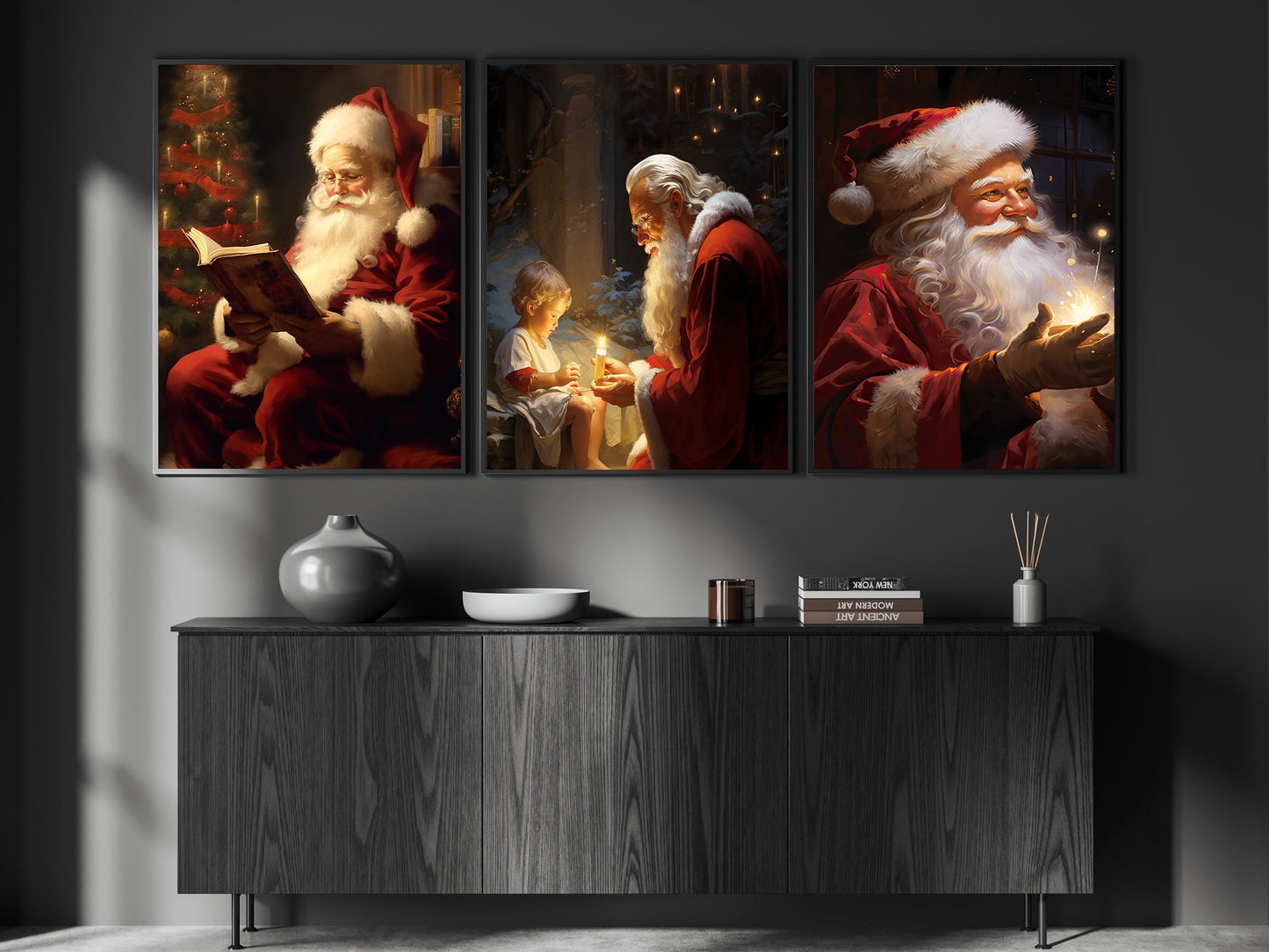 Set Of 3 Santa Claus Does Magic Christmas, Santa Xmas Canvas Painting, Wall Art Decor - Christmas Poster Gift