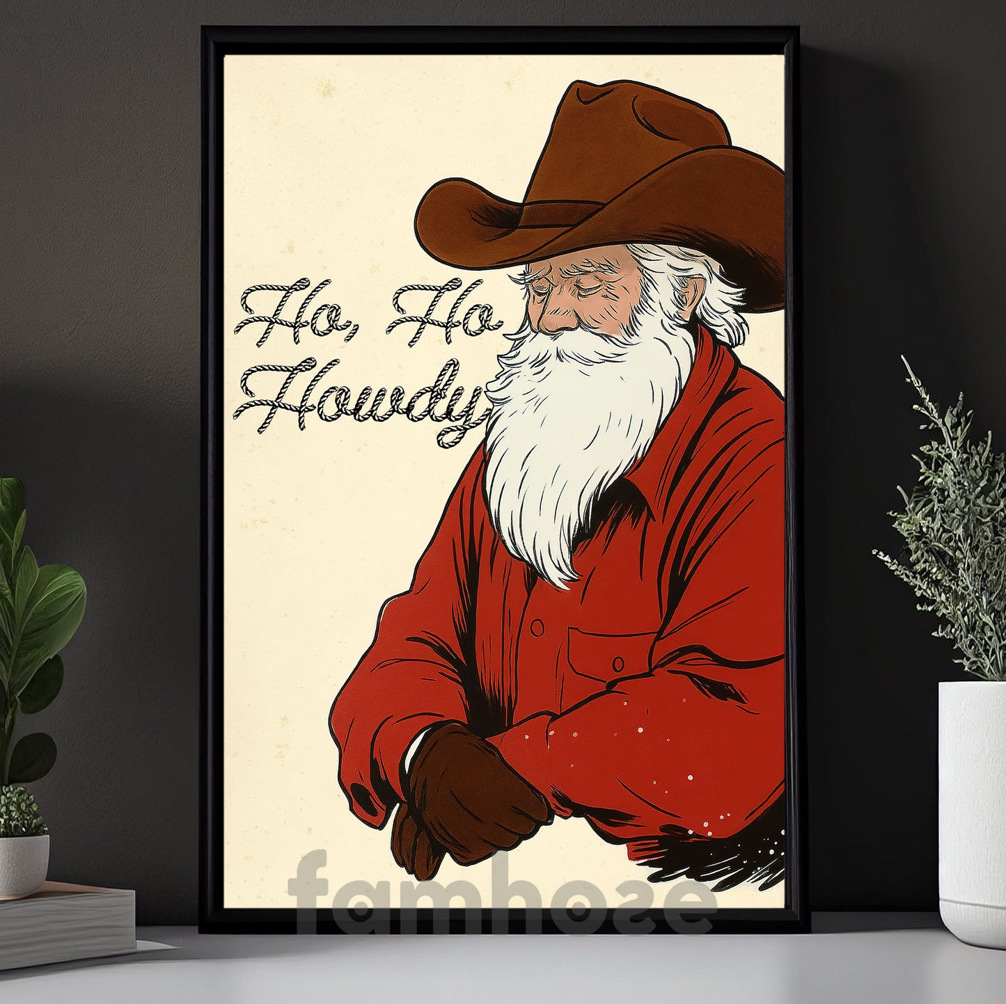 Christmas Old Santa Cowboy  Canvas Painting, Ho Ho Howdy Wall Art Decor, Xmas Poster Gift For Cowboys