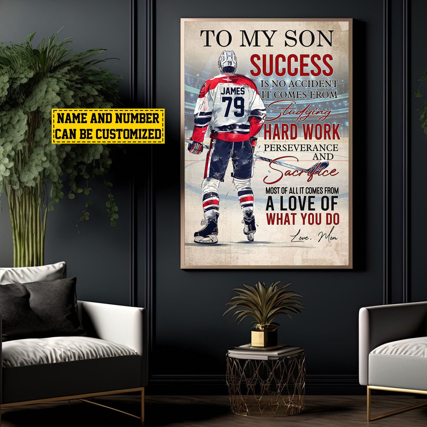 Personalized Hockey Boy Canvas Painting, To My Son Success Is No Accident, Sports Quotes Wall Art Decor, Poster Gift For Hockey Lovers, Gift For Son From Dad,Mom