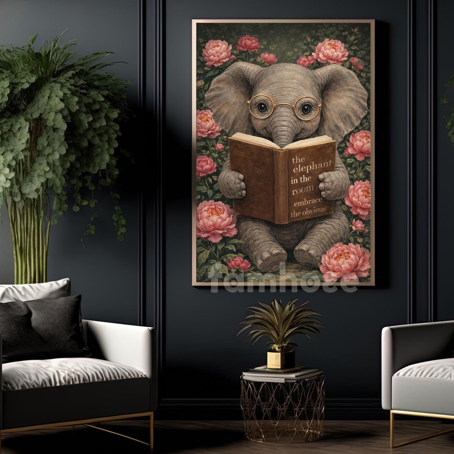Cute Reading Elephant Canvas Painting, Bookworm Elephant Wall Art Decor, Poster Gift For Reading Lovers