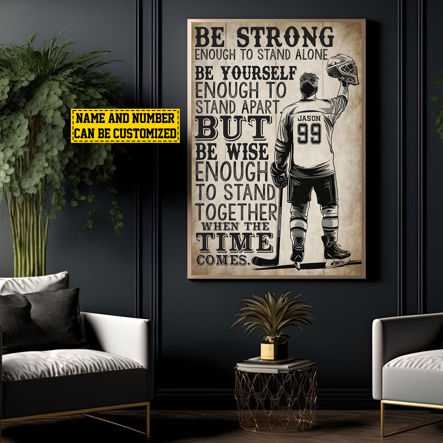 Personalized Hockey Canvas Painting, Sports Quotes Wall Art Decor, Be Strong Be Yourself Poster Gift For Hockey Lovers, Hockey Boys