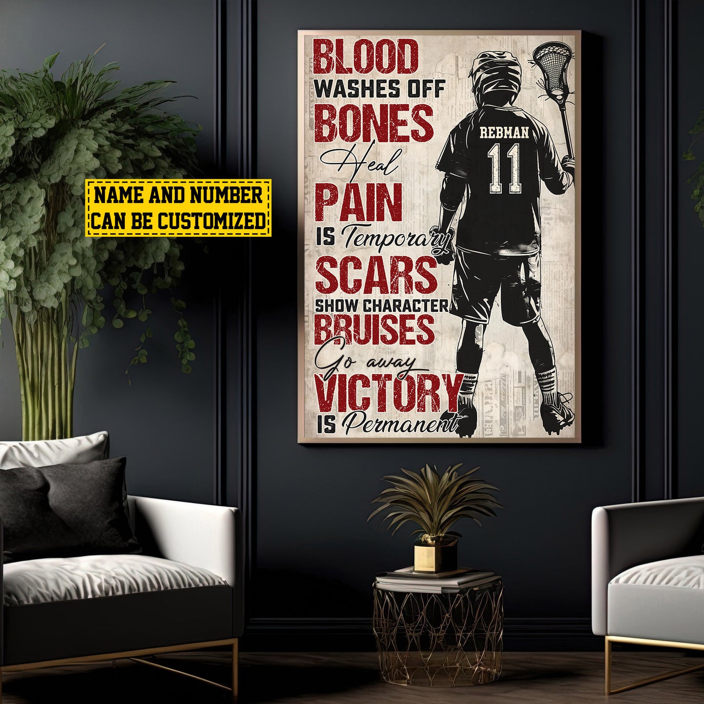 Personalized Motivational Lacrosse Canvas Painting, Blood Bones Pain Scars Victory, Sports Quotes Wall Art Decor, Poster Gift For Lacrosse Lovers, Lacrosse Boys