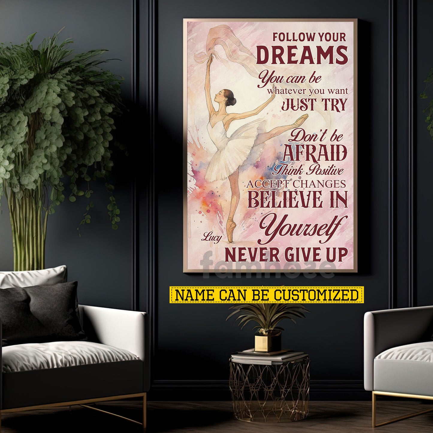 Motivational Personalized Ballet Girl Canvas Painting, Follow Your Dreams Just Try Never Give Up Sports Wall Art Decor, Poster Gift For Ballet Lovers