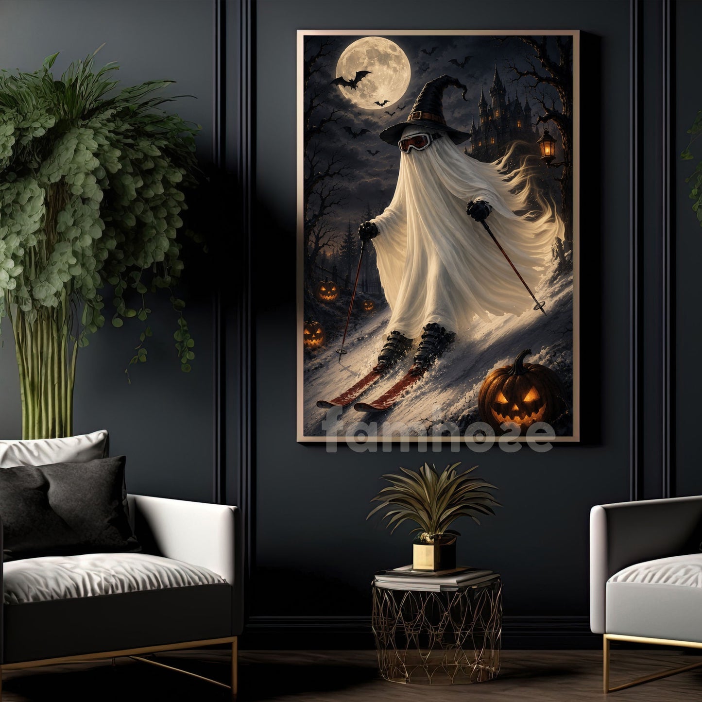 Halloween Skiing Ghost Canvas Painting, No Body, No Problem, Just Ski Wall Art Decor, Spooky Season Poster Gift For Skiing Lover
