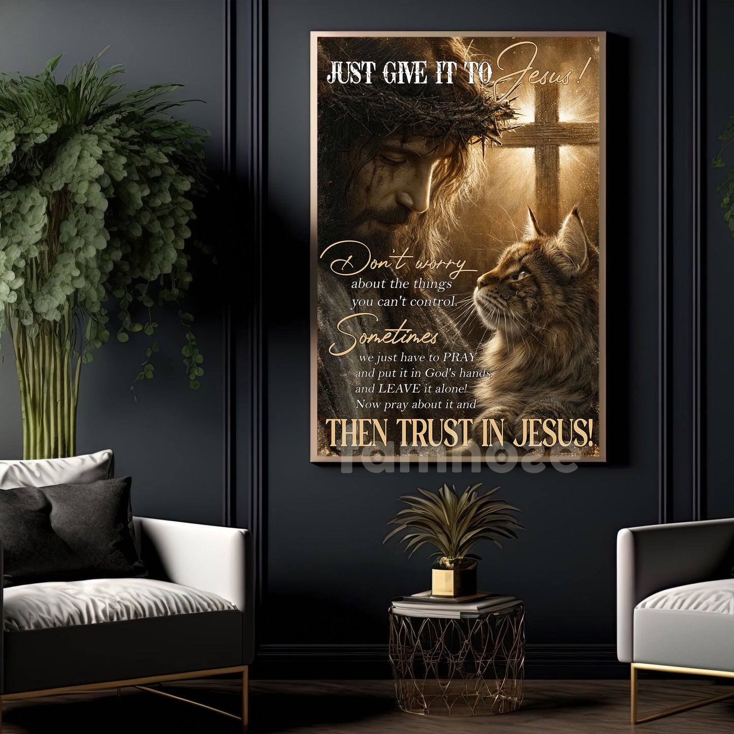 God & Cat Canvas Painting, Just Give It To Jesus Wall Art Decor, Poster Gift For Christians, Cat Lover