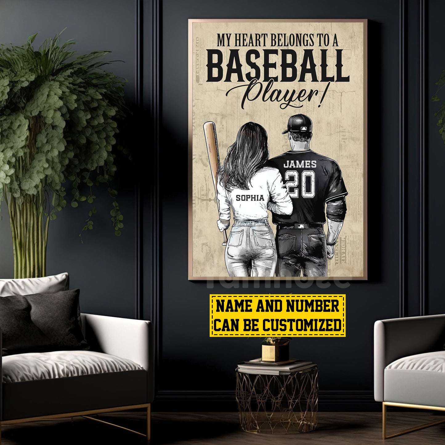 Romantic Personalized Couple Baseball Canvas Painting, My Heart Belongs To A Baseball Player Wall Art Decor, Poster Valentine's Day Gift For Baseball-Loving Couple