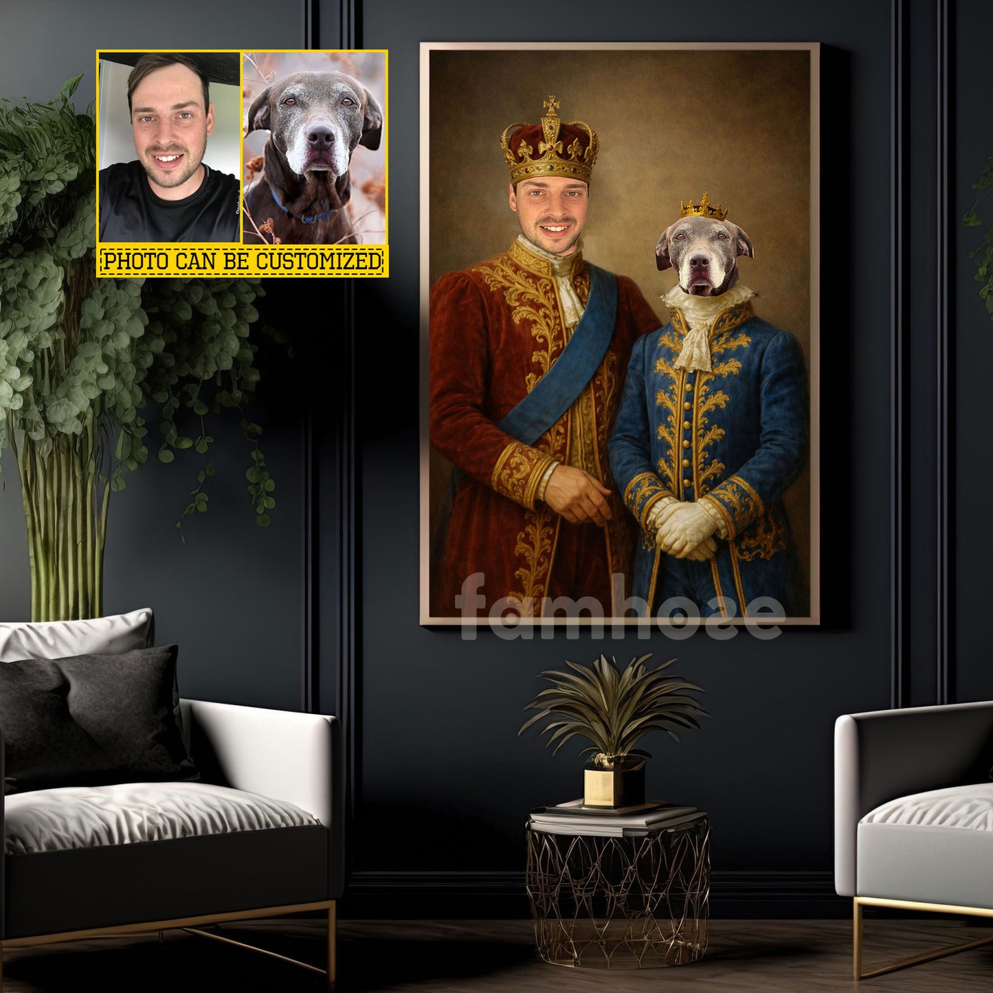 Personalized Victorian Dog Canvas Painting, Royal King Dog And Owner Wall Art Decor, Poster Gift For Dog Lovers