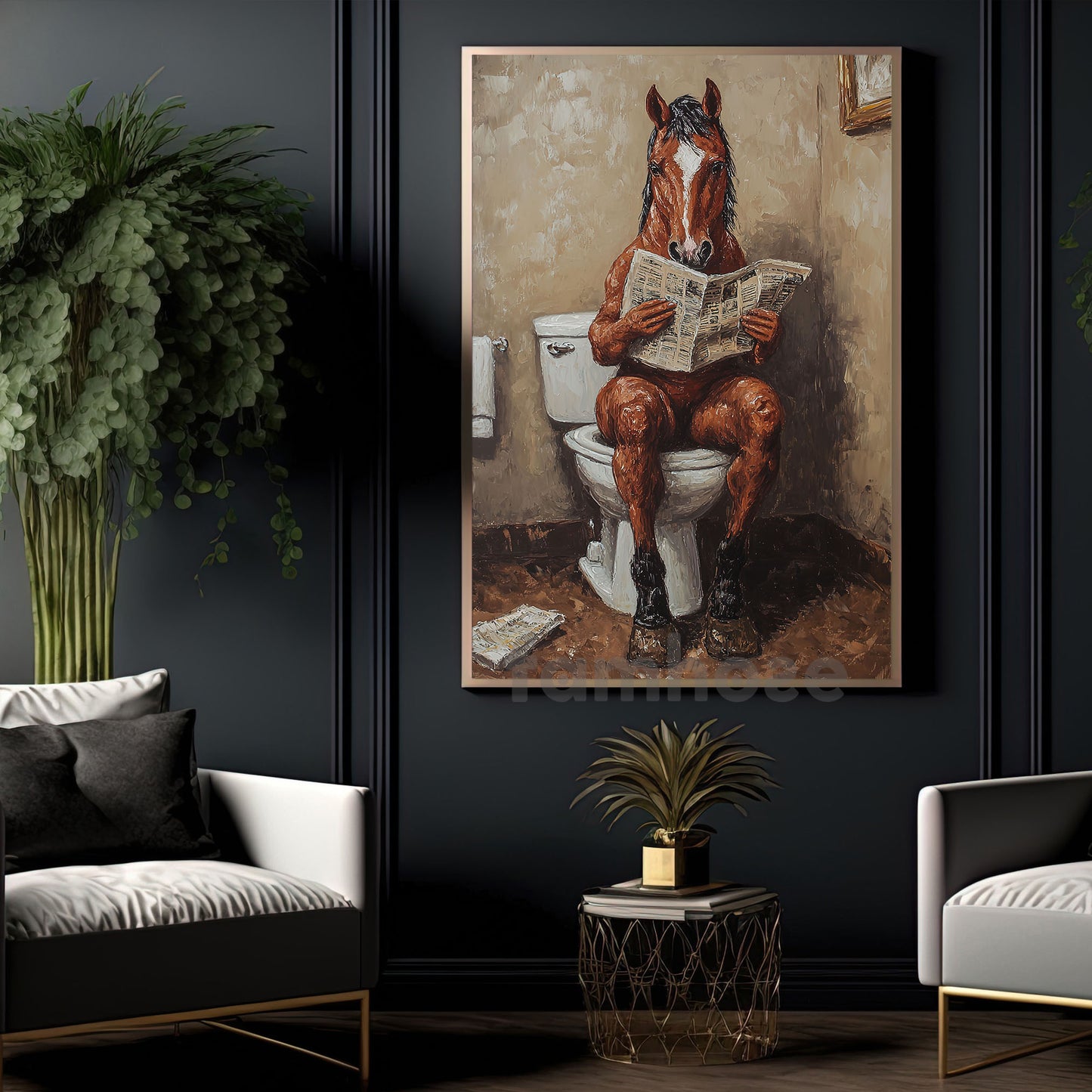 Funny Horse Toilet Canvas Painting, Horse Knows How To Use Toilet Bathroom Wall Art Decor, Restroom Poster Gift For Horse Lovers