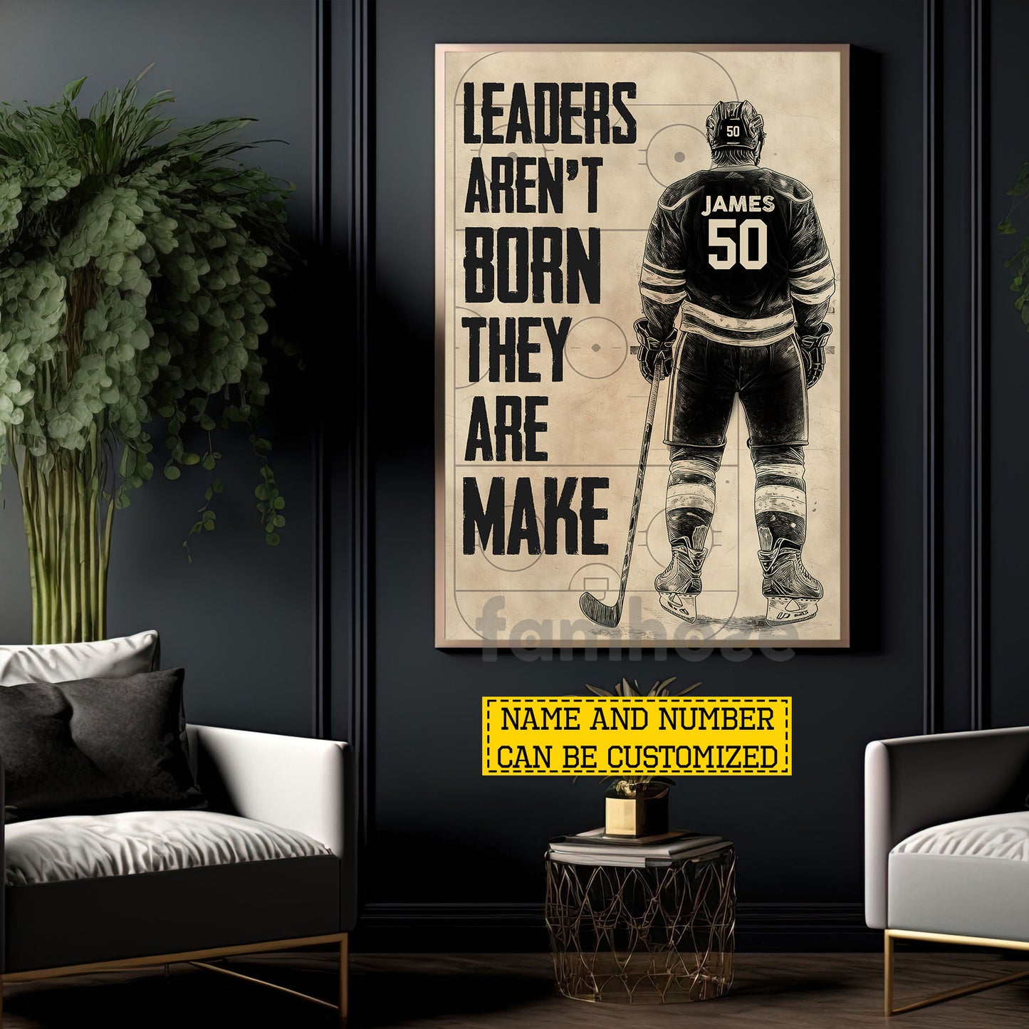 Personalized Hockey Man Canvas Painting, Leaders Aren't Born Sport Wall Art Decor, Poster Gift For Hockey Lover