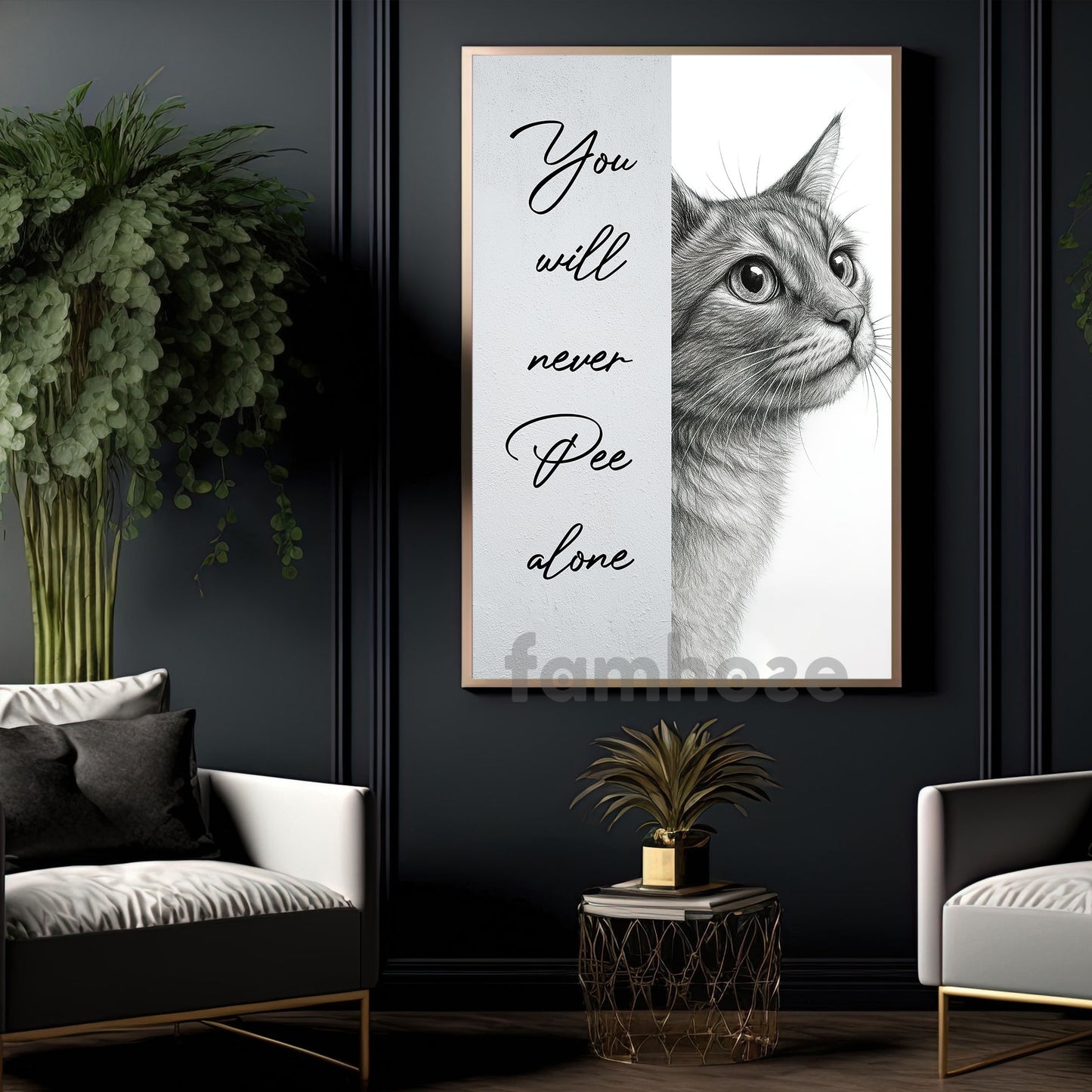 Funny Cat Toilet Canvas Painting, You Will Never Pee Alone Bathroom Wall Art Decor, Restroom Poster Gift For Cat Lovers