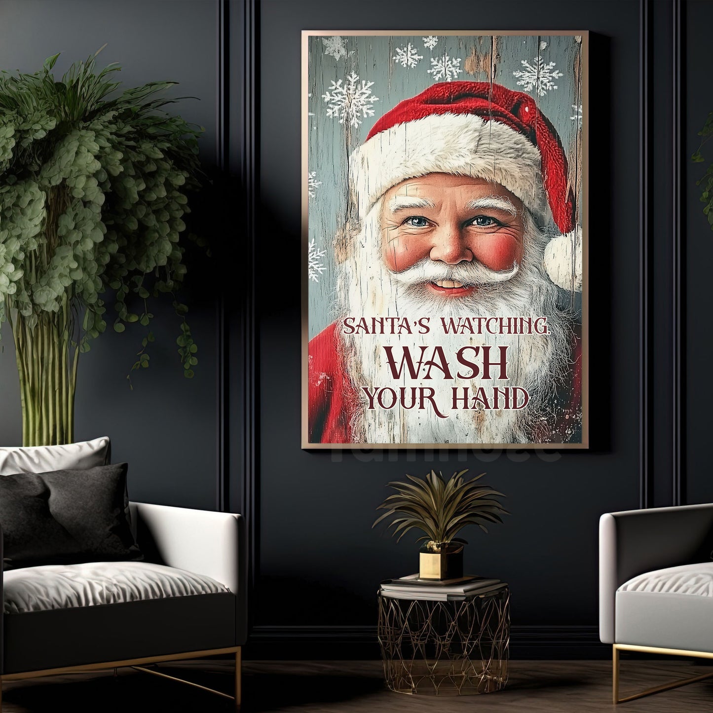 Funny Christmas Canvas Painting, Santa's Watching Wash Your Hand Wall Art Decor, Xmas Poster Gift