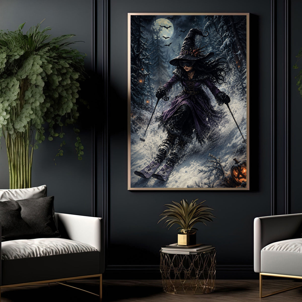 Halloween Skiing Witch Canvas Painting, Witches Don’t Need Broomsticks Wall Art Decor, Spooky Season Poster Gift For Skiing Lover