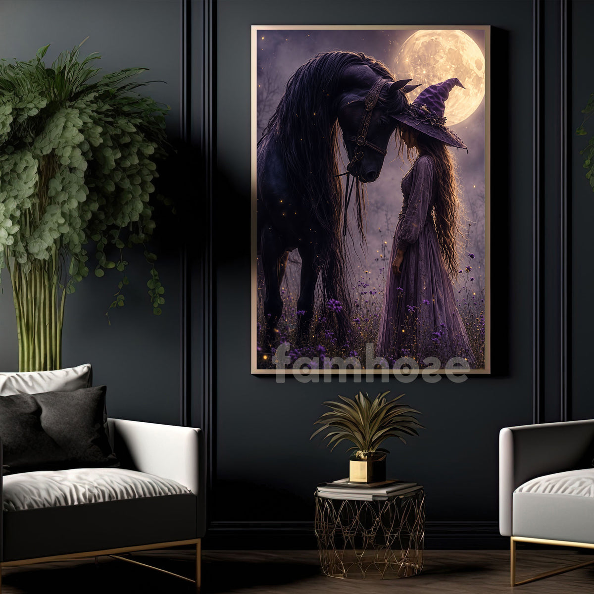Halloween Witch And Black Horse Canvas Painting, Where Magic Meets The Wild Wall Art Decor, Spooky Season Poster Gift For Horse Girls