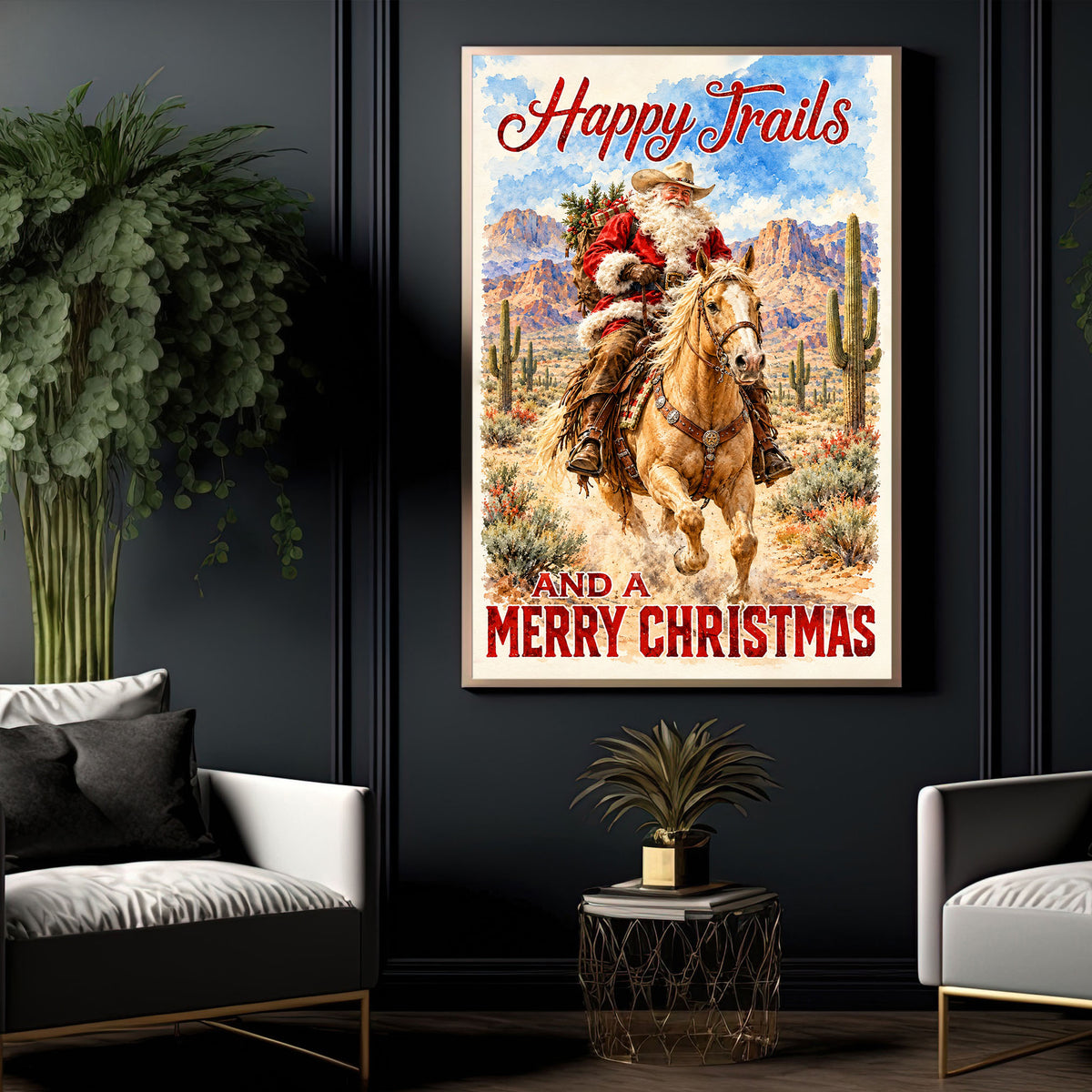 Christmas Trails Cowboy Quote Canvas Painting, Happy Trails And A Merry Christmas Wall Art Decor, Xmas Poster Gift For Cowboys