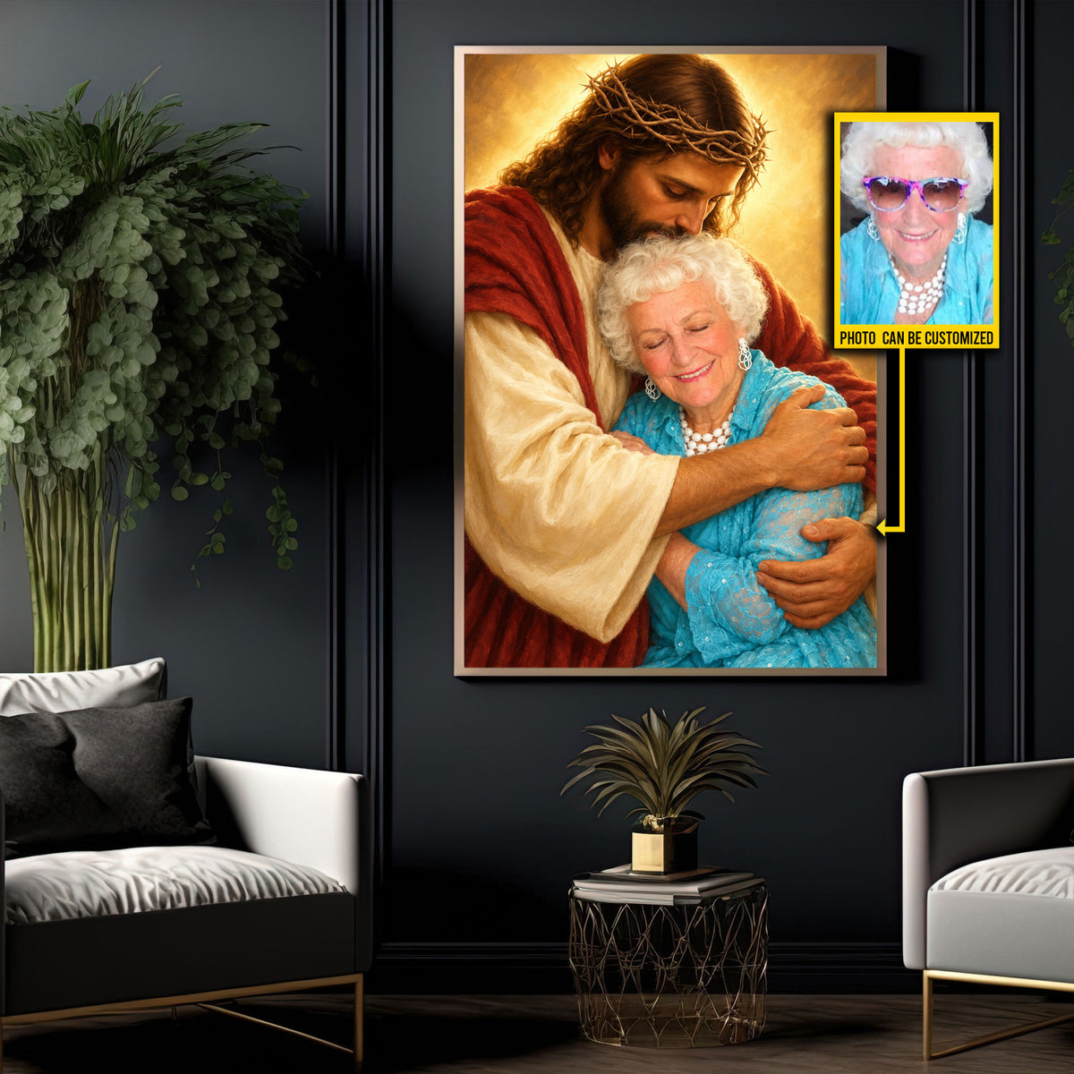 Personalized Jesus Hugging Canvas Painting, Custom Photo Jesus Embrace Wall Art Decor, Poster Gift For Deceased Person
