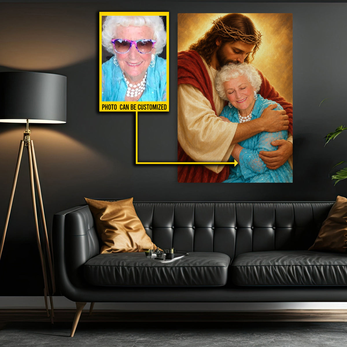 Personalized Jesus Hugging Canvas Painting, Custom Photo Jesus Embrace Wall Art Decor, Poster Gift For Deceased Person