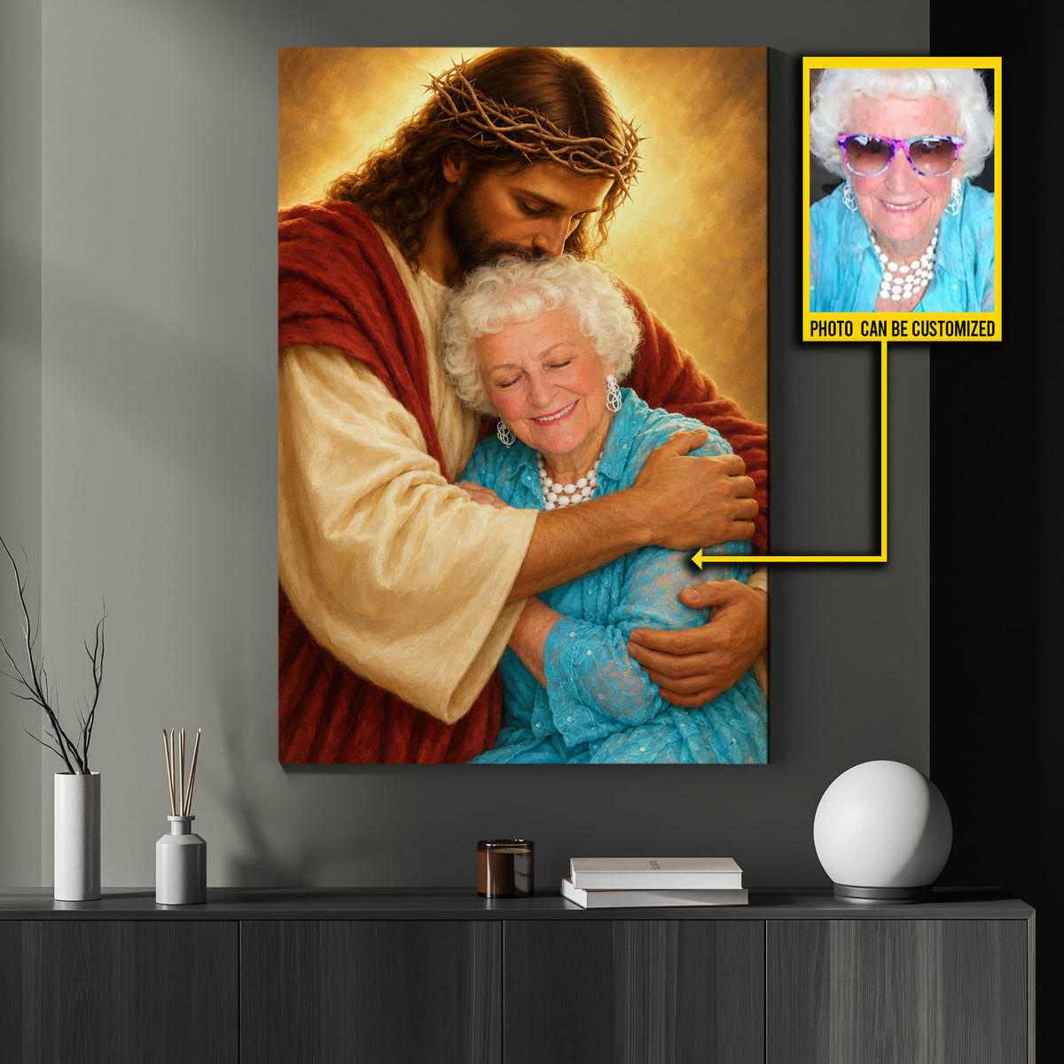 Personalized Jesus Hugging Canvas Painting, Custom Photo Jesus Embrace Wall Art Decor, Poster Gift For Deceased Person