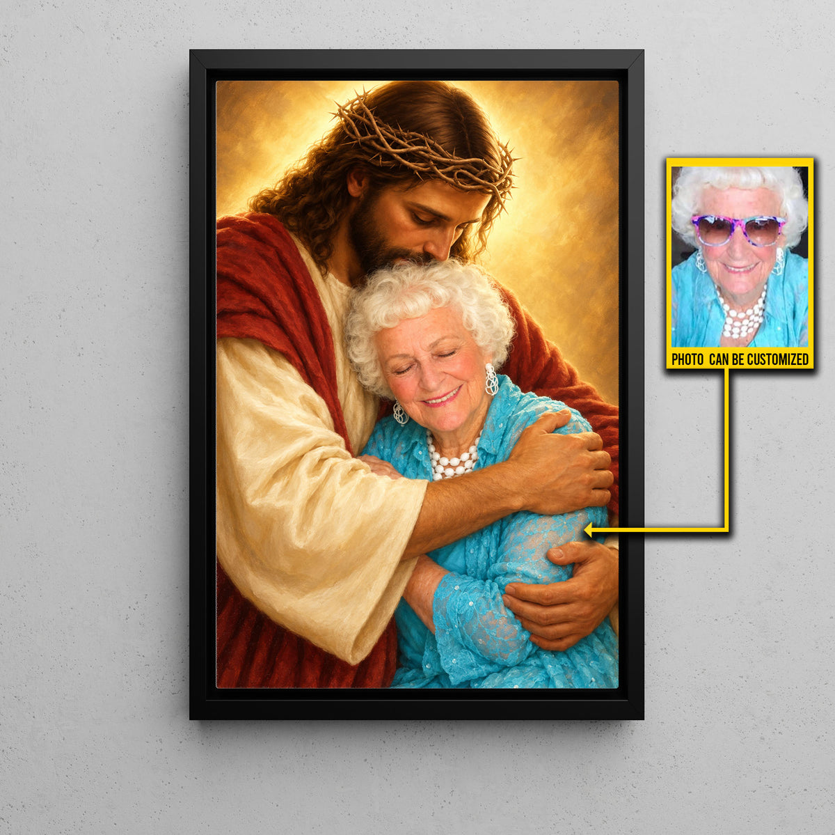 Personalized Jesus Hugging Canvas Painting, Custom Photo Jesus Embrace Wall Art Decor, Poster Gift For Deceased Person