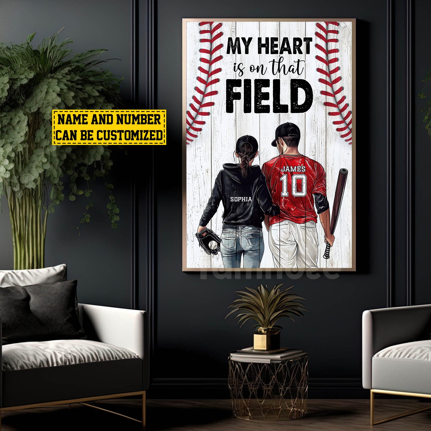 Romantic Personalized Couple Baseball Canvas Painting, My Heart Is On That Field Player Wall Art Decor, Poster Valentine's Day Gift For Baseball-Loving Couple