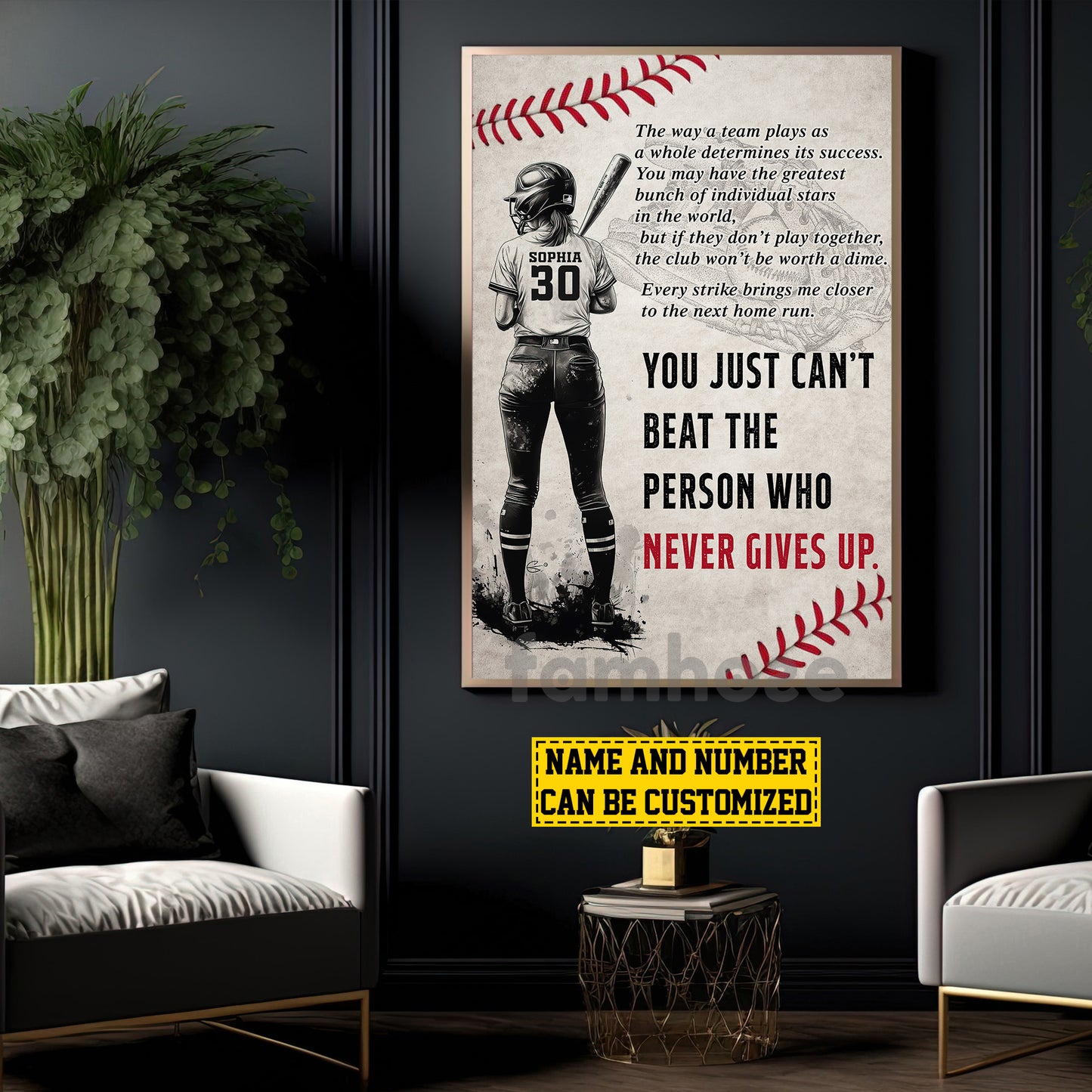 Personalized Softball Girl Canvas Painting, You Just Can't Beat The Person Who Never Gives Up Sport Wall Art Decor, Poster Gift For Softball Lovers