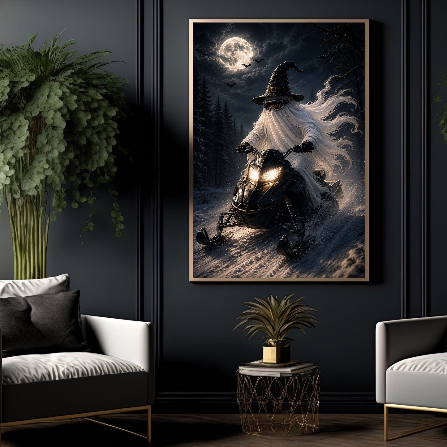 Halloween Snowmobile Ghost Canvas Painting, Midnight Ride Through the Haunted Snow Wall Art Decor, Spooky Season Poster Gift For Snowmobiling Lover