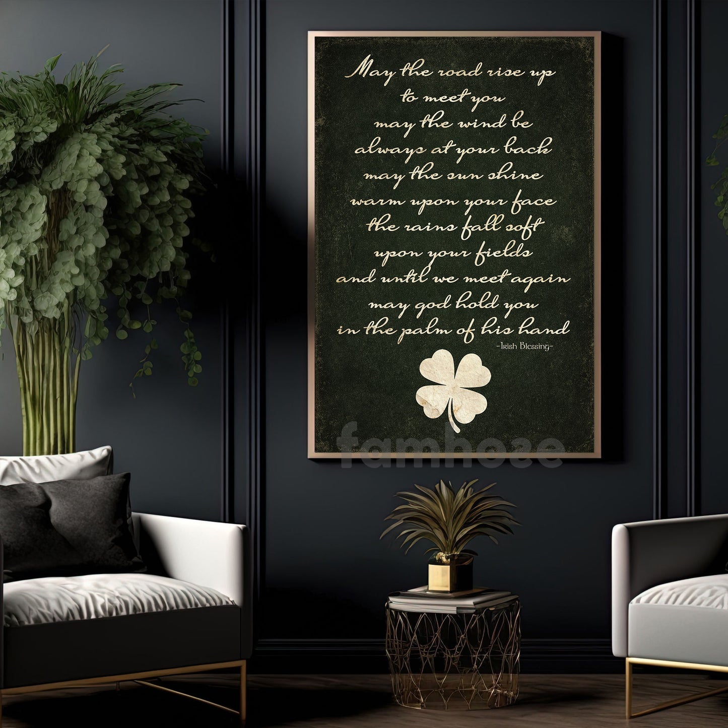 Four-Leaf Clover Quote Canvas Painting, May The Road Rise Up To Meet You Wall Art Decor, Shamrock Poster St Patrick's Day Gift For Irish Lover