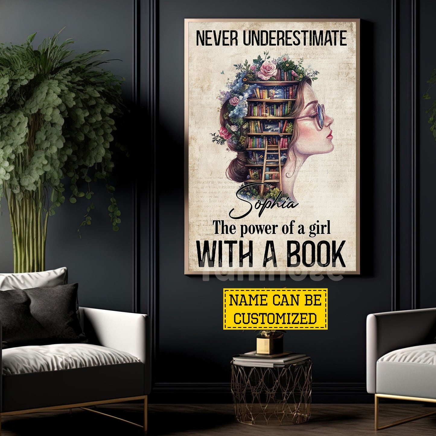 Personalized Book Girl Canvas Painting, Never Underestimate The Power Of A Girl Wall Art Decor, Poster Gift For Reading Lovers
