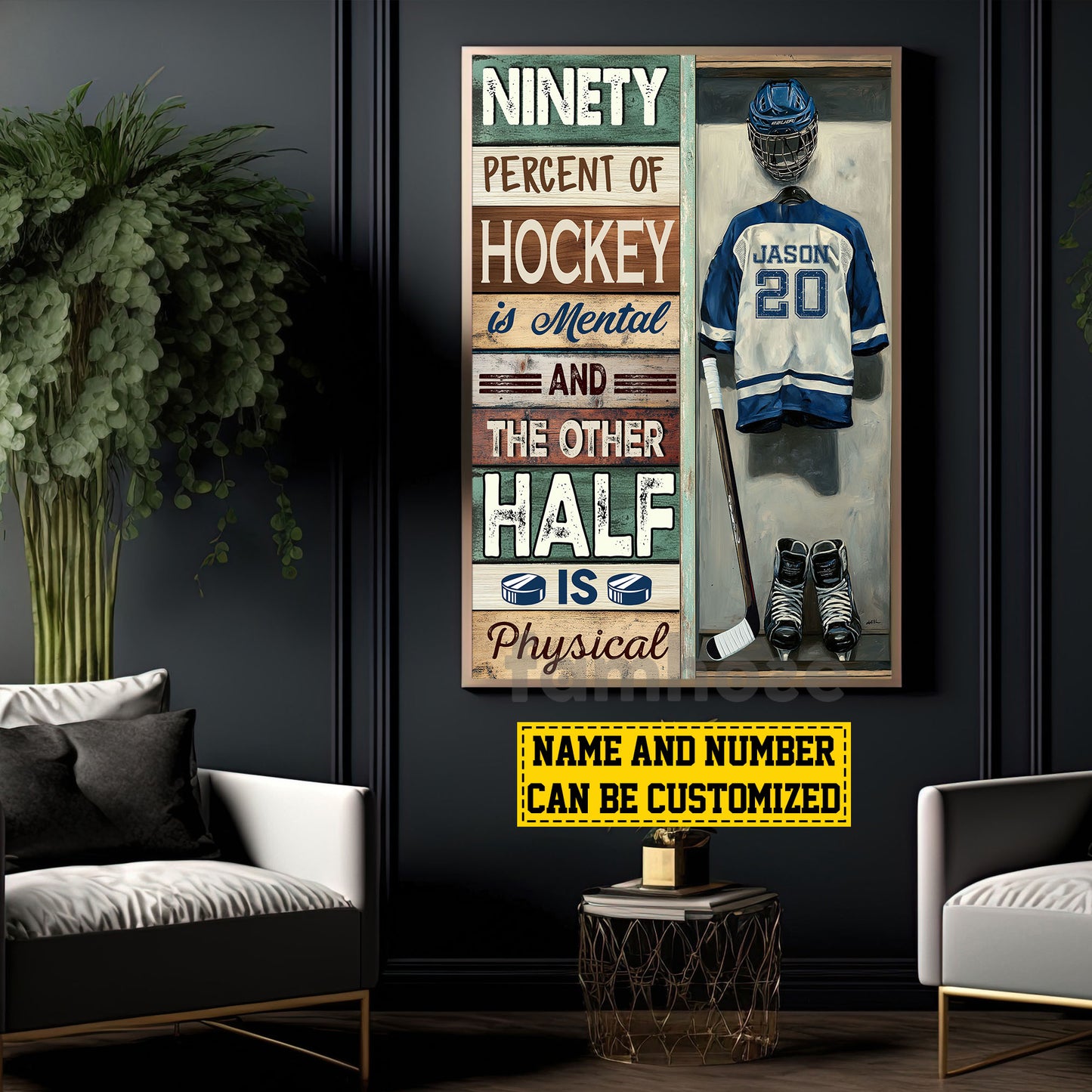 Personalized Hockey Canvas Painting, Ninety Percent Of Hockey Is Mental Sports Wall Art Decor, Poster Gift For Hockey Lovers