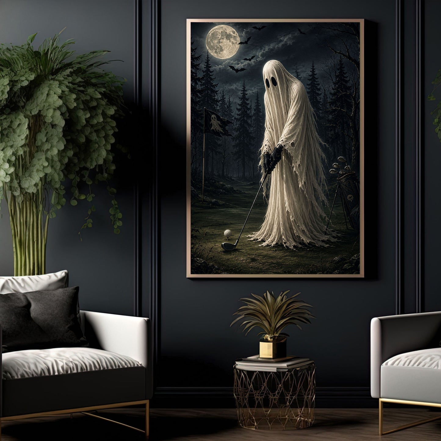 Halloween Ghost Golf Canvas Painting, Golfing After Death Wall Art Decor, Spooky Season Poster Gift For Golf Lover