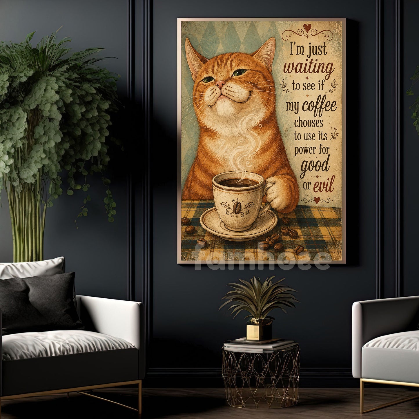 Funny Coffee Cat Canvas Painting, I'm Just Waiting To See Wall Art Decor, Poster Gift For Cat Lovers, Coffee Lovers