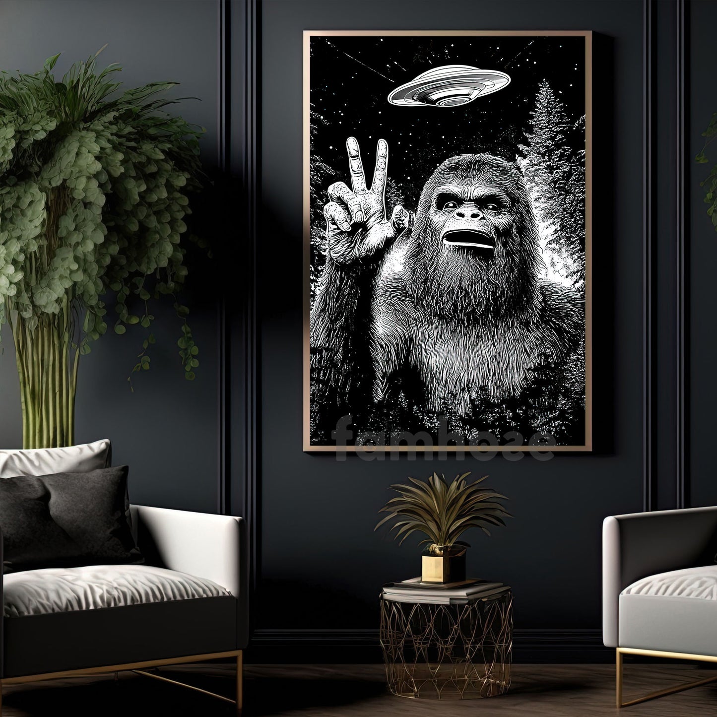 Funny Bigfoot UFO Illustration Canvas Painting, Sasquatch Alien Encounter Wall Art Decor, Poster Gift For Bigfoot Lover