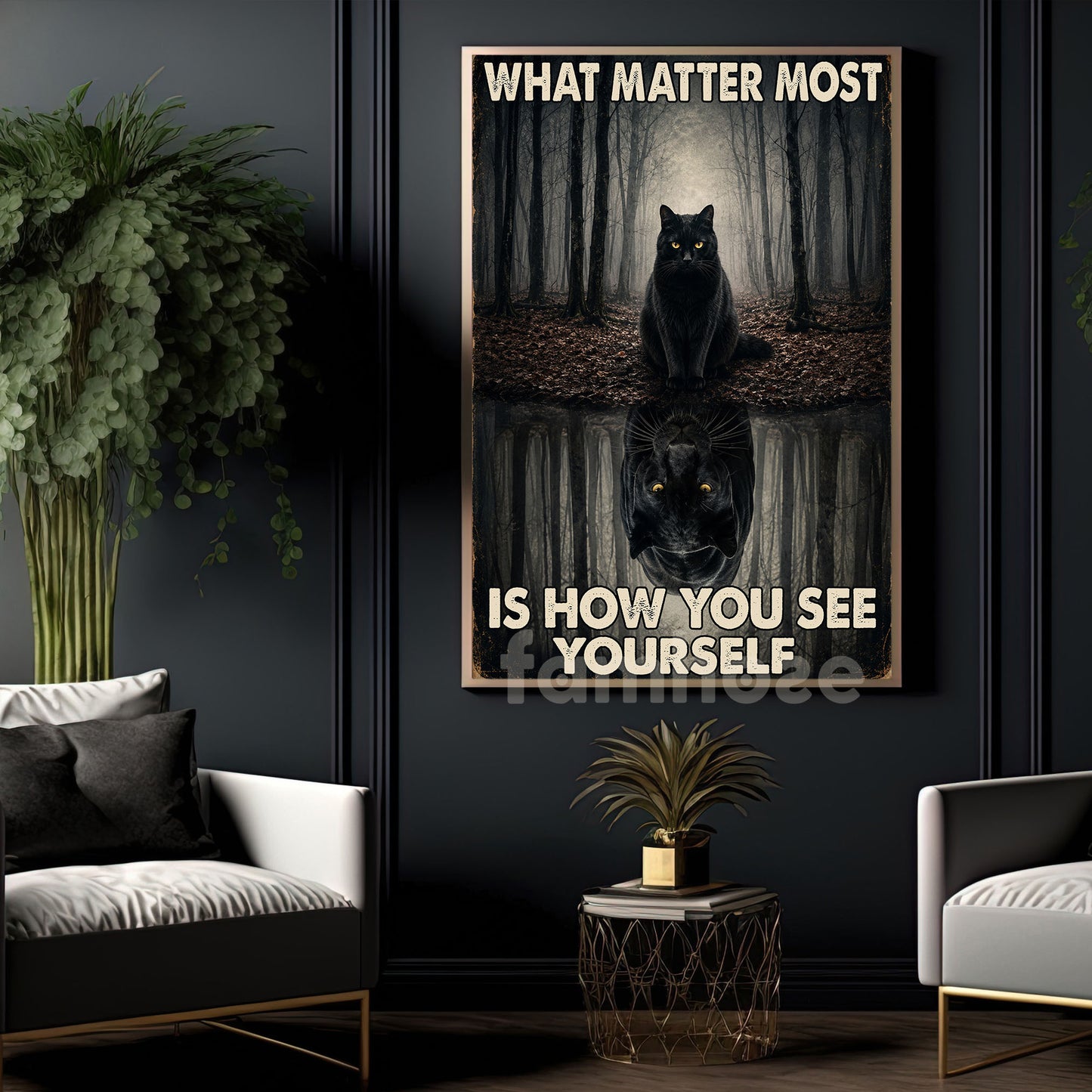 Motivational Black Cat Canvas Painting, What Matters Most Is How You See Yourself Wall Art Decor, Poster Gift For Cat Lover