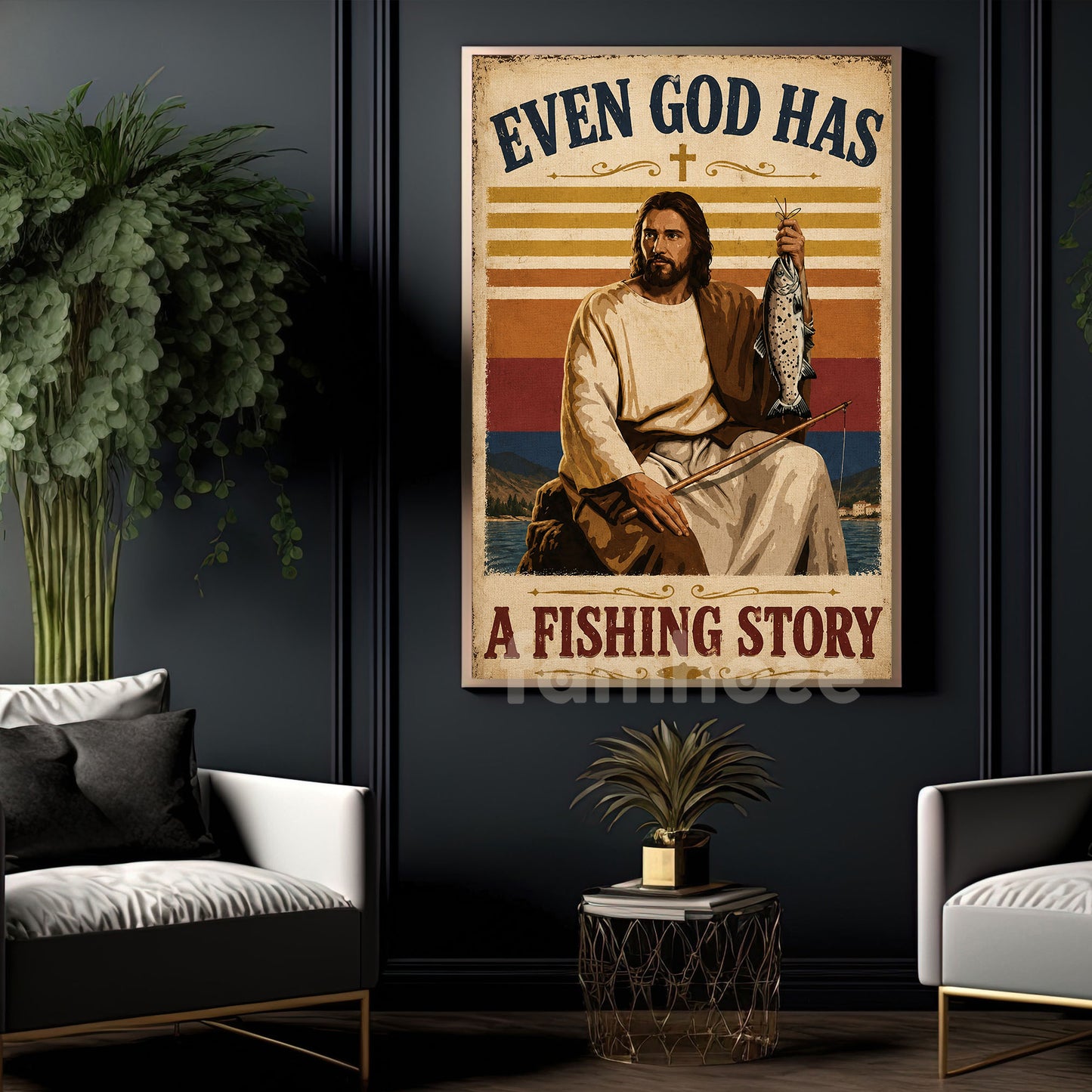Funny Jesus Fishing Canvas Painting, Even God Has A Fishing Story Wall Art Decor, Poster Gift For Christian, Fishing Lover