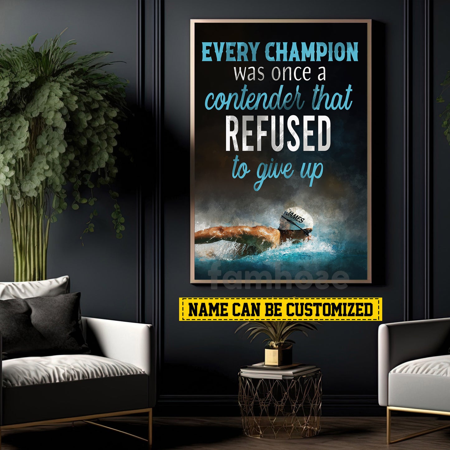Motivational Personalized Swimming Man Canvas Painting, Every Champion Was Once A Contender Sport Wall Art Decor, Poster Gift For Swimming Lovers