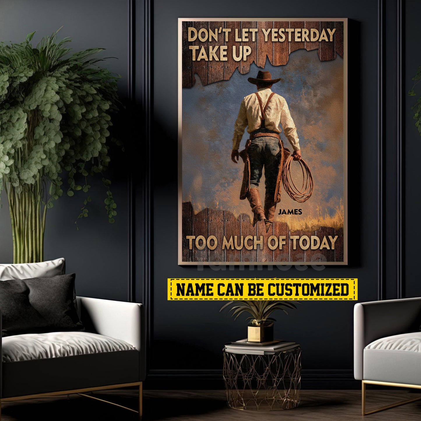 Motivational Personalized Cowboy Canvas Painting, Don't Let Yesterday Take Up Inspirational Quotes Wall Art Decor, Poster Gift For Cowboy