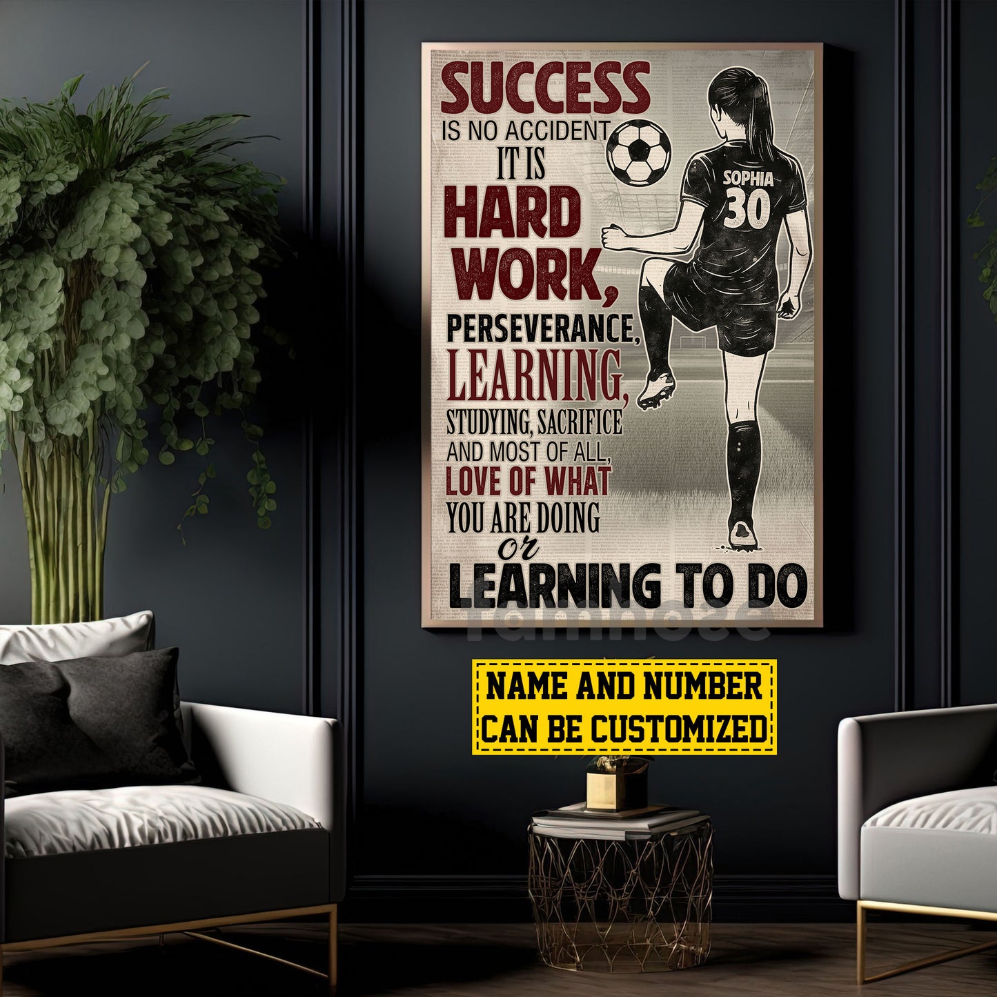Motivational Personalized Soccer Girl Canvas Painting, Hard Work Learning To Do Wall Art Decor, Poster Gift For Soccer Lovers