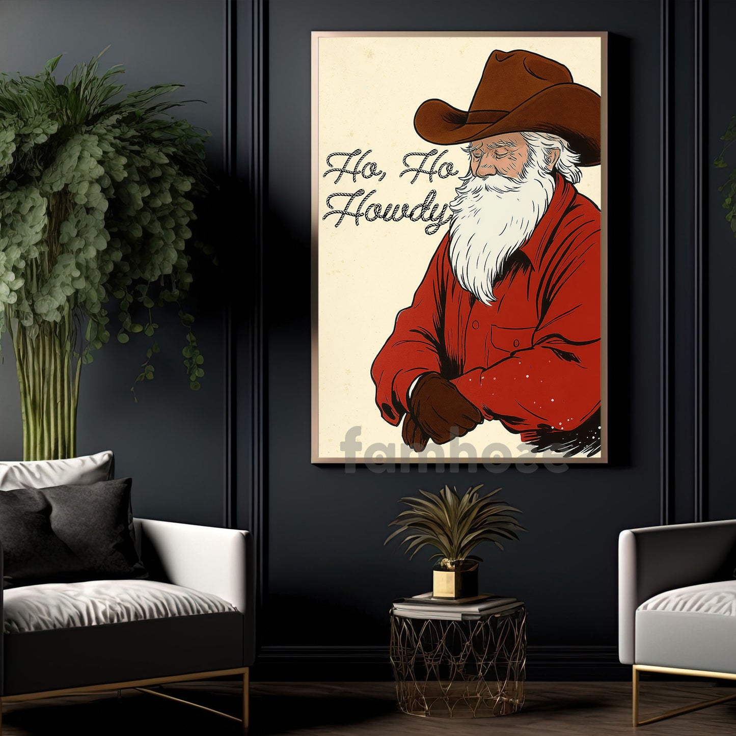 Christmas Old Santa Cowboy  Canvas Painting, Ho Ho Howdy Wall Art Decor, Xmas Poster Gift For Cowboys