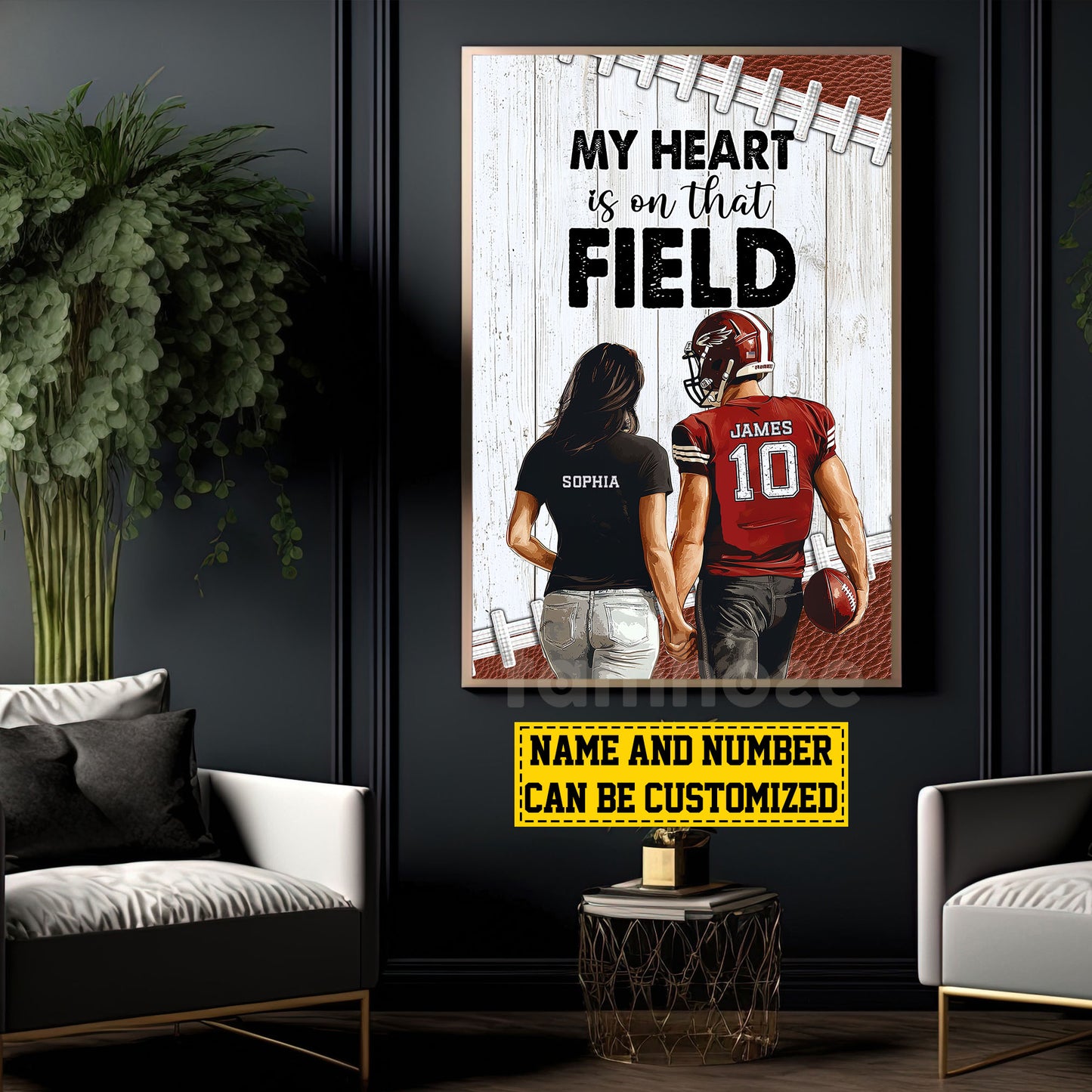 Romantic Personalized Football Couple Canvas Painting, My Heart Is On That Field Sports Wall Art Decor, Valentine's Day Poster Gift For Football-Loving Couple